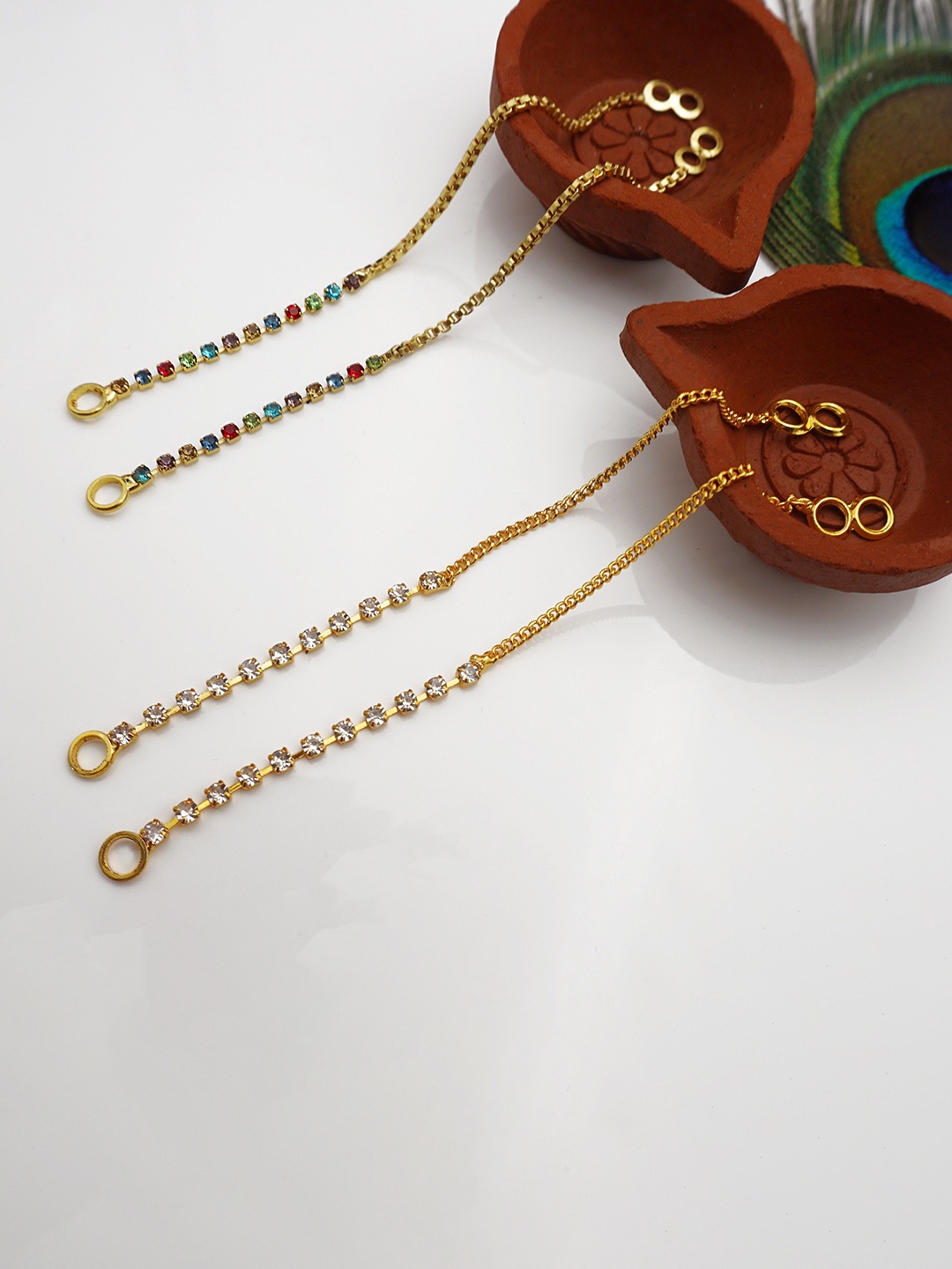 

PINAAKA DARINI Set Of 2 Gold-Plated Contemporary Stone Studded Temple Kaan Chain Earrings