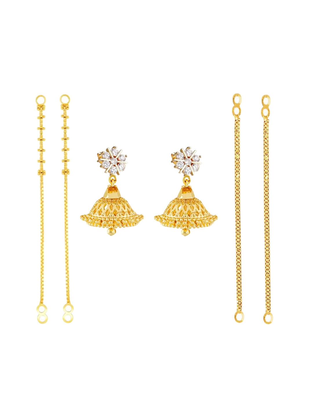 

PINAAKA DARINI Set Of 3 Gold-Plated One Gram Dome Shaped Jhumkas And Kaan Chain Earrings