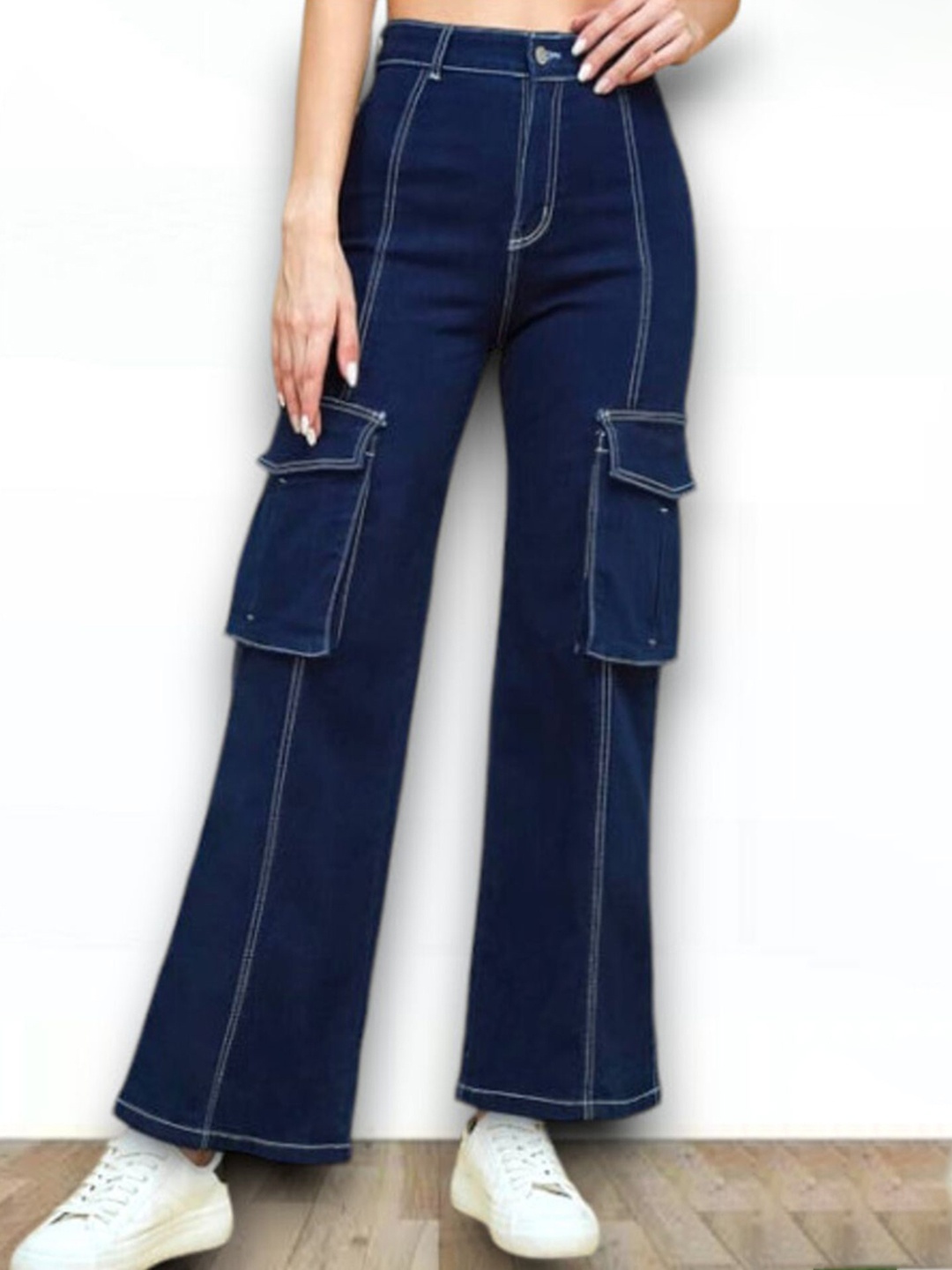 

Perfect Outlet Women Cotton Wide Leg High-Rise Light Fade Stretchable Jeans, Navy blue