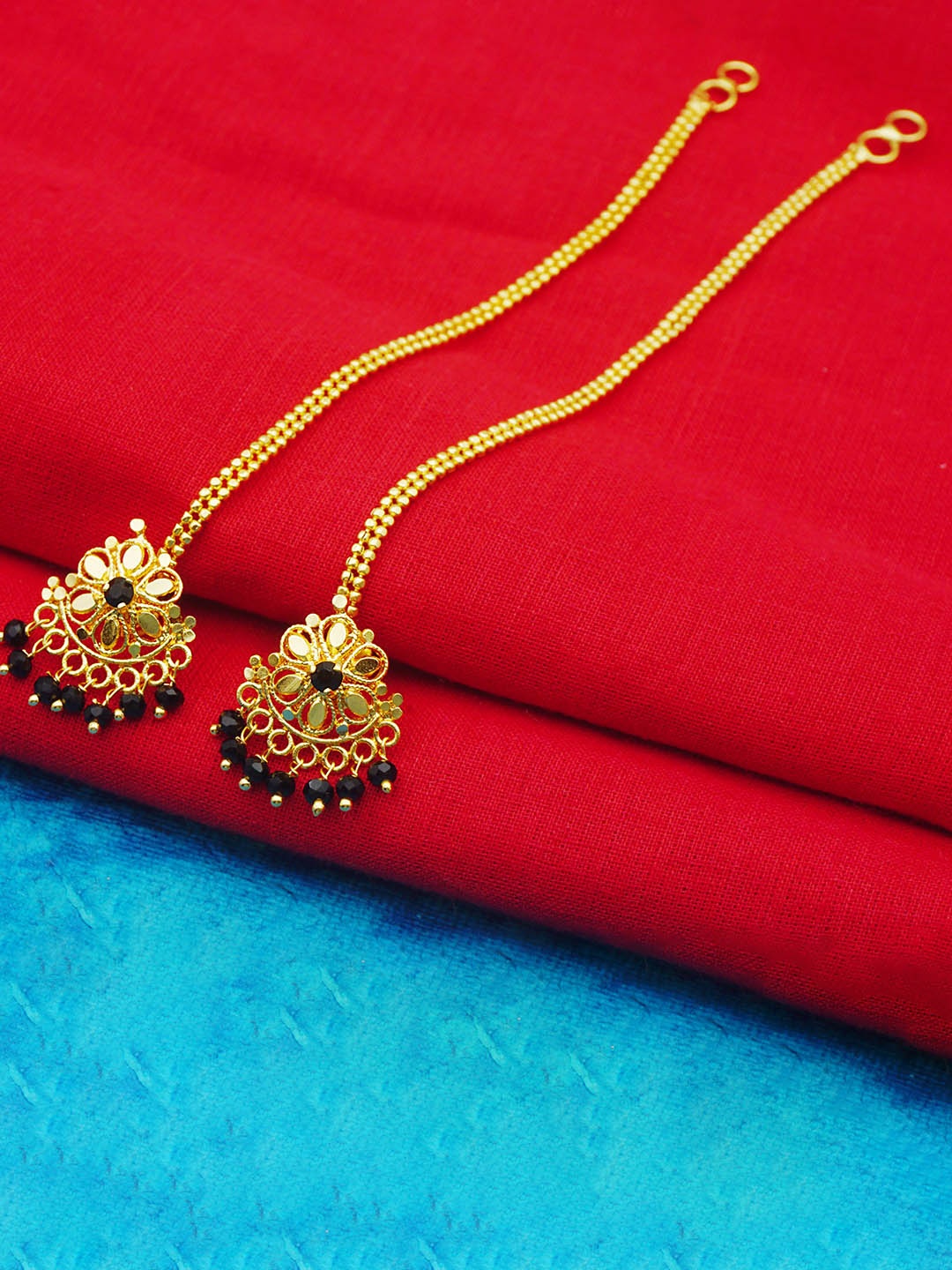 

PINAAKA DARINI Stone Studded & Beaded Floral Studs With Chain Earrings, Gold