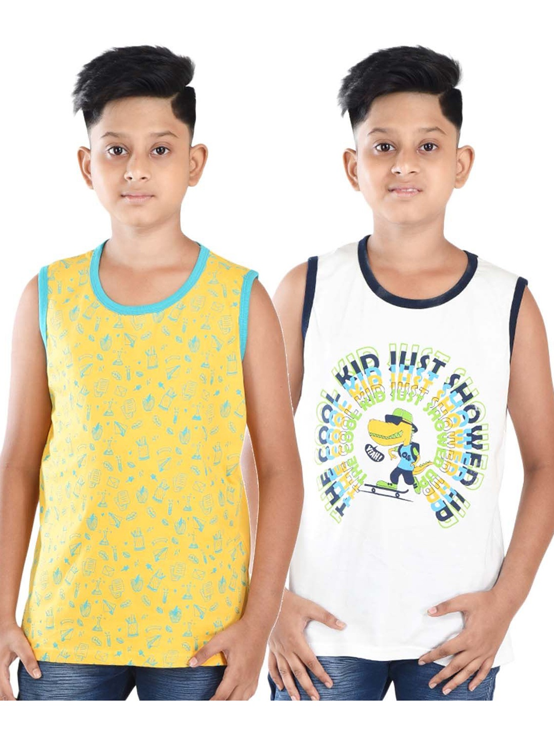 

Clothe Funn Boys Pack Of 2 Graphic Printed Round Neck Cotton T-shirts, Yellow