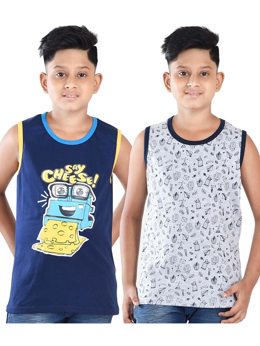 

Clothe Funn Boys Pack Of 2 Graphic Printed Round Neck Cotton T-shirts, Blue