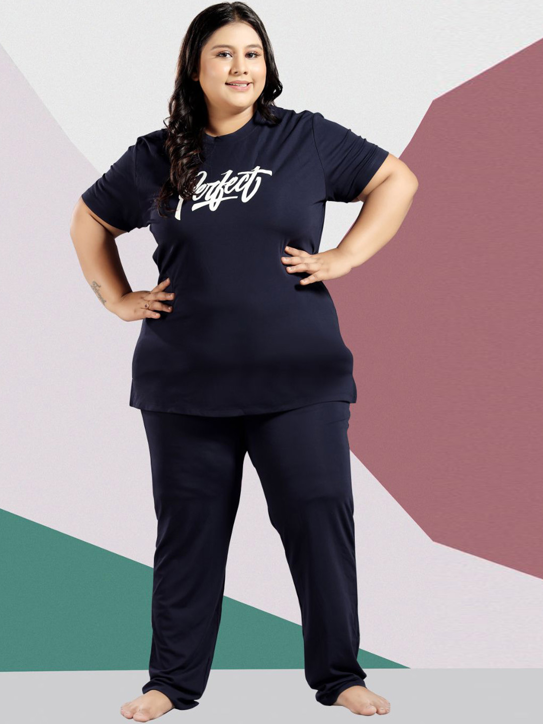 

TITTLI Women Plus Size Printed Night suit, Navy blue