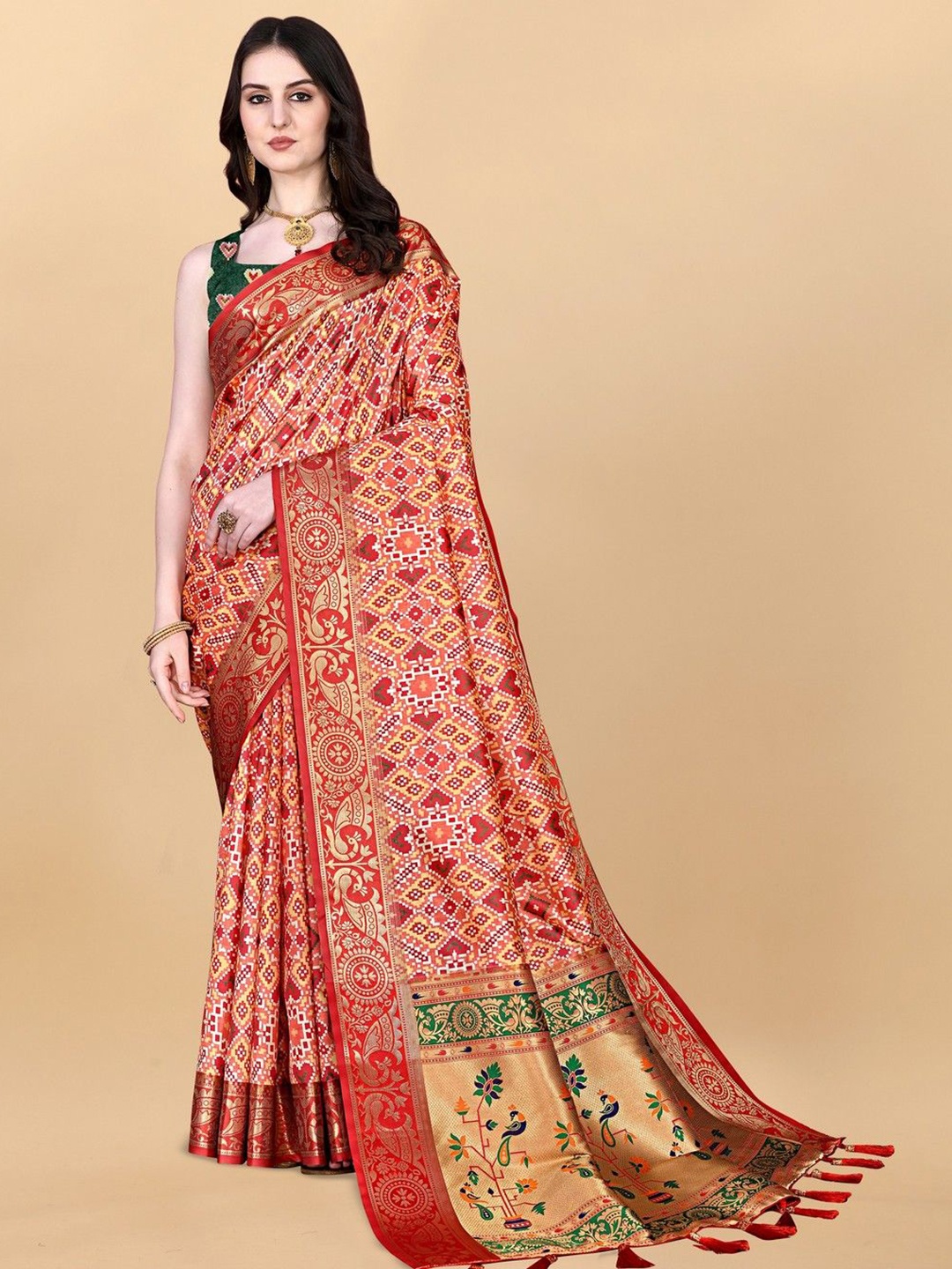 

VARNI FABRICS Woven Design Zari Pure Silk Paithani Saree, Orange