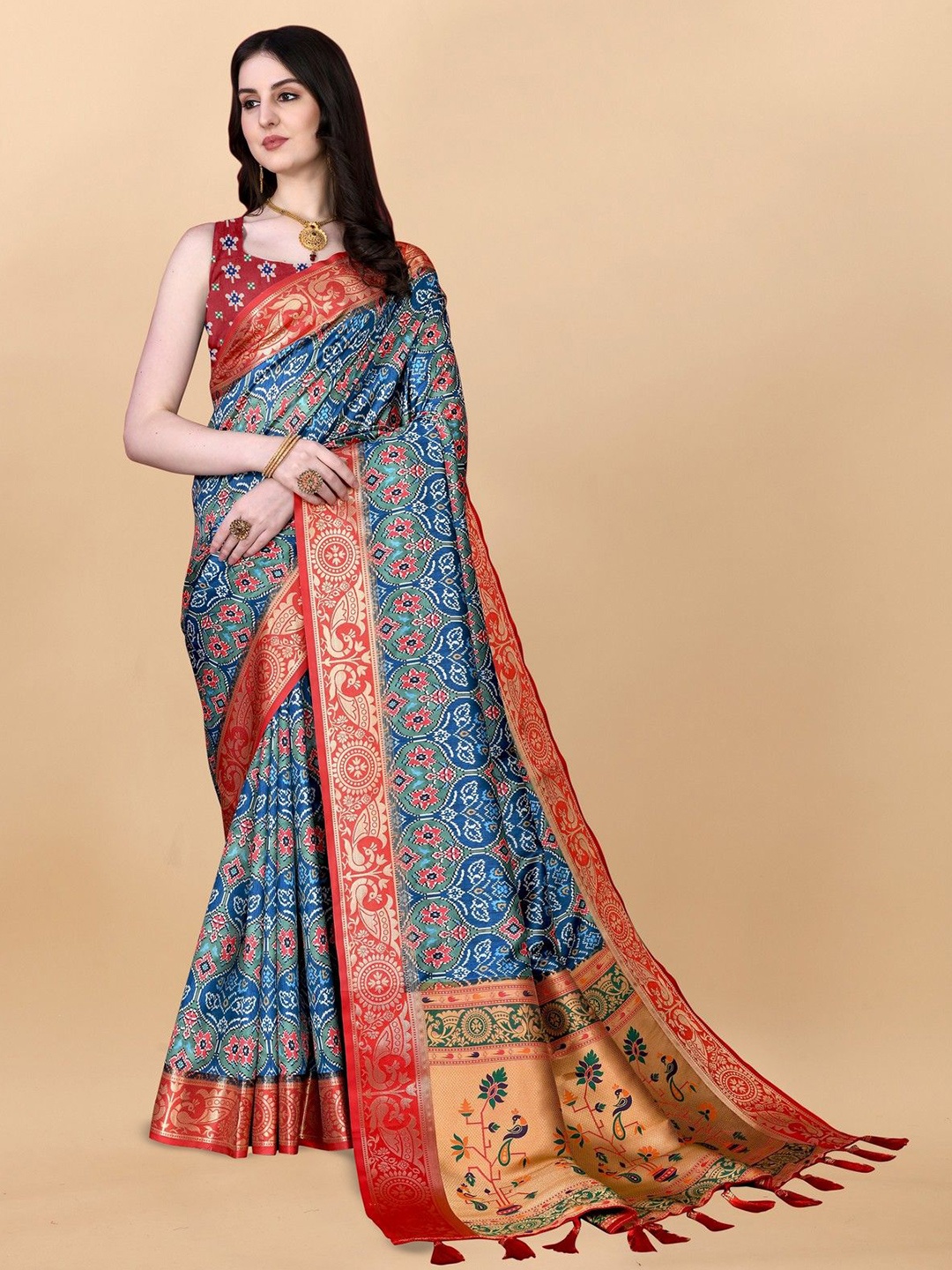 

VARNI FABRICS Ethnic Motifs Zari Pure Silk Banarasi Saree, Blue