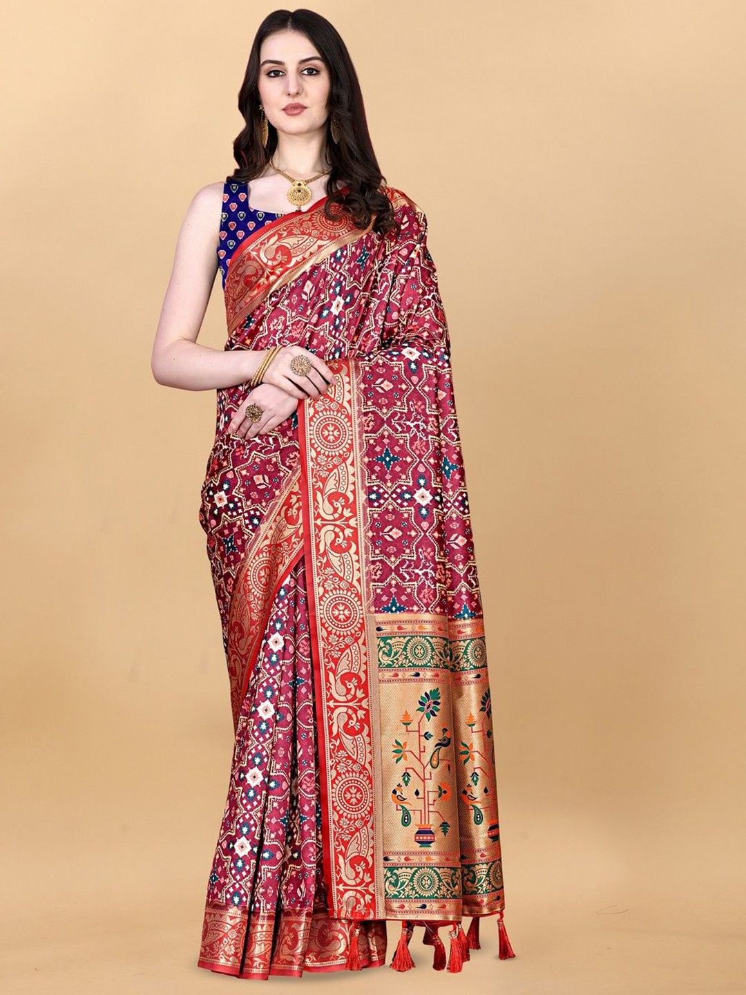 

VARNI FABRICS Woven Design Zari Pure Silk Banarasi Saree, Red