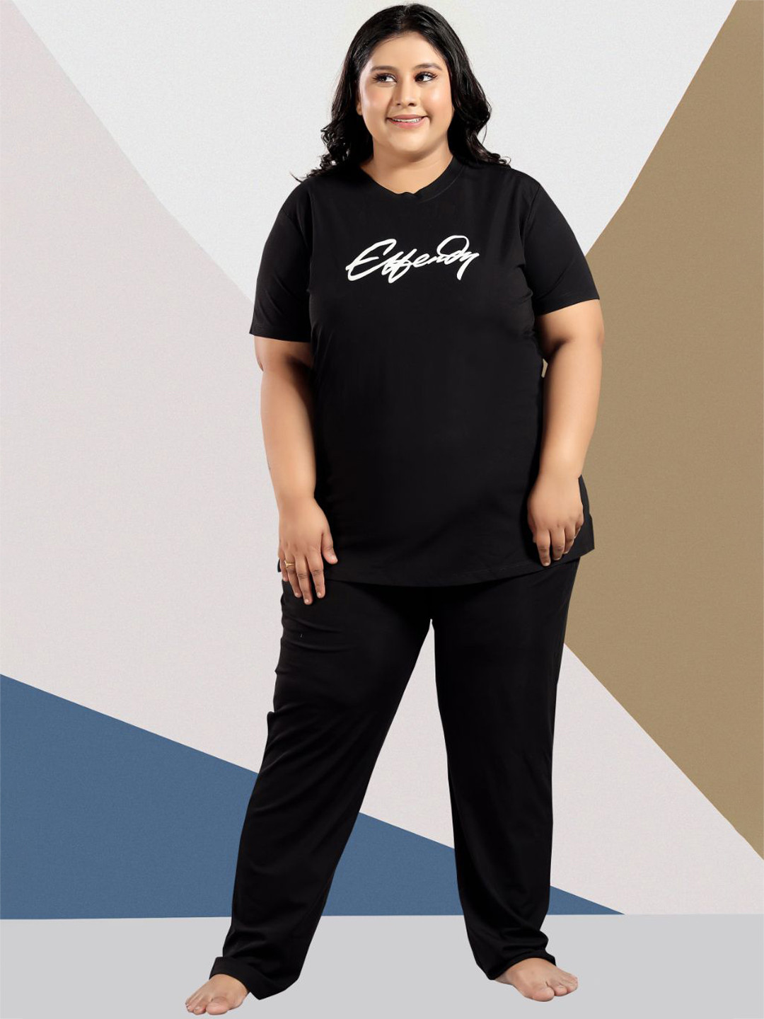 

TITTLI Women Plus Size Typography Printed Night suit, Black