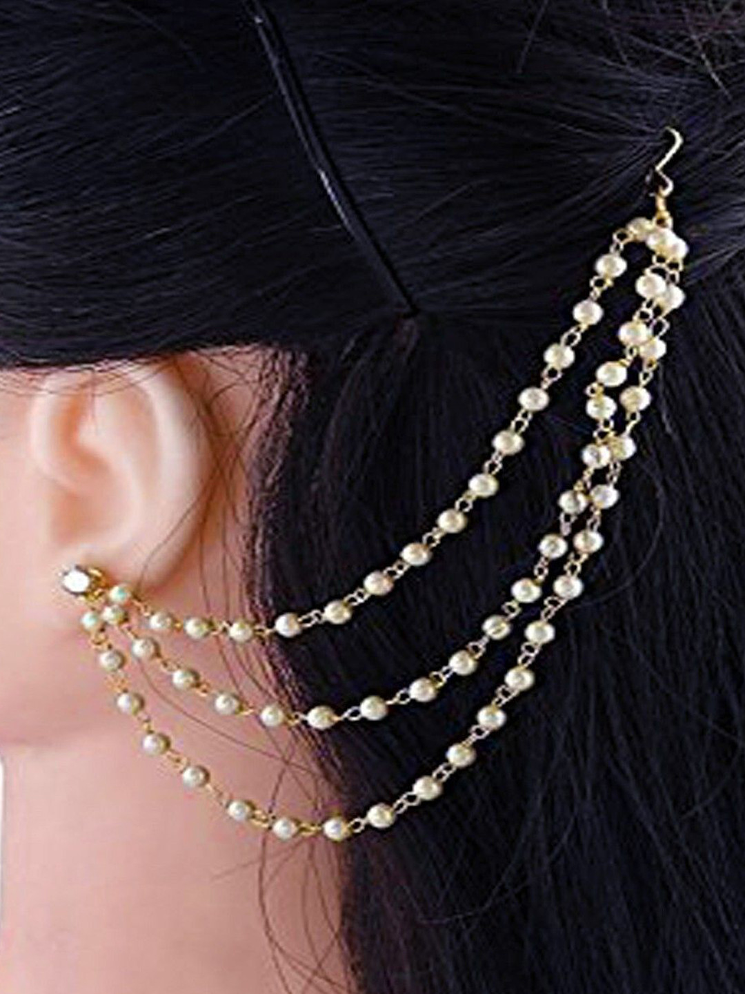 

PINAAKA DARINI Gold-Plated Pearls Circular Layered Temple Clip On Hair Chain Earrings