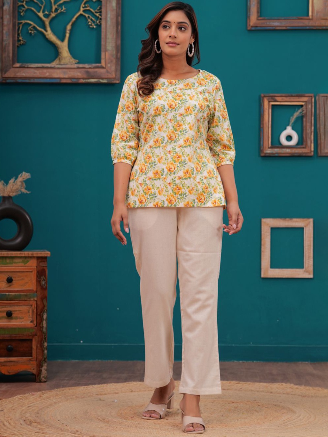 KALINI Printed Round Neck Three-Quarter Sleeves Top With Trouser, Yellow