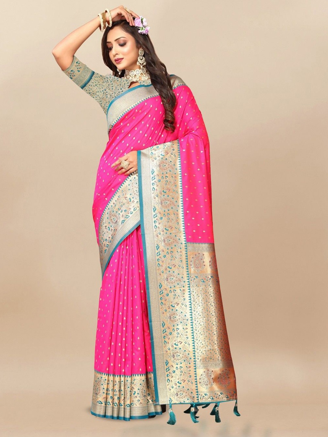 

VARNI FABRICS Woven Design Zari Pure Silk Saree, Pink