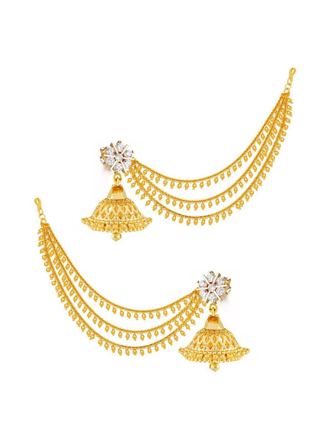 PINAAKA DARINI 1Gram Gold-Plated Dome Shaped Stone Studded & Beaded Jhumkas With Chains