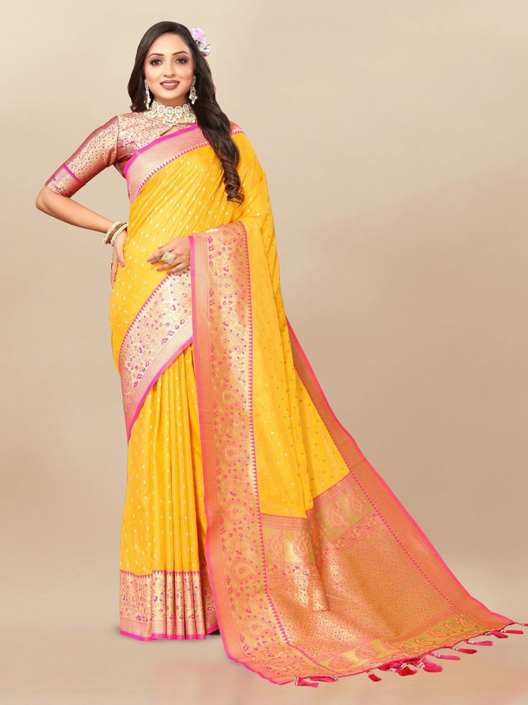 

VARNI FABRICS Woven Design Zari Pure Silk Banarasi Saree, Yellow