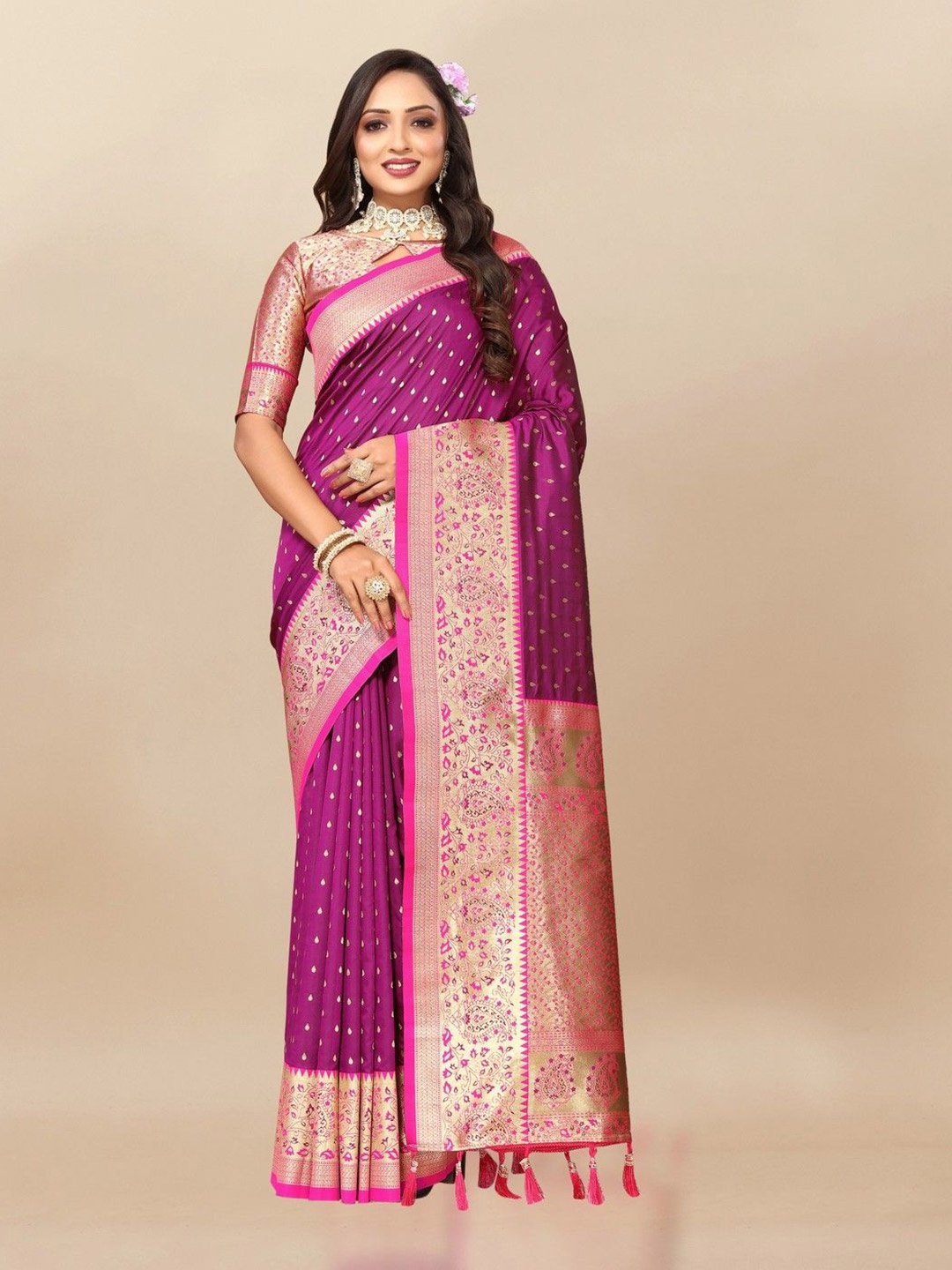 

VARNI FABRICS Woven Design Zari Pure Silk Banarasi Saree, Purple