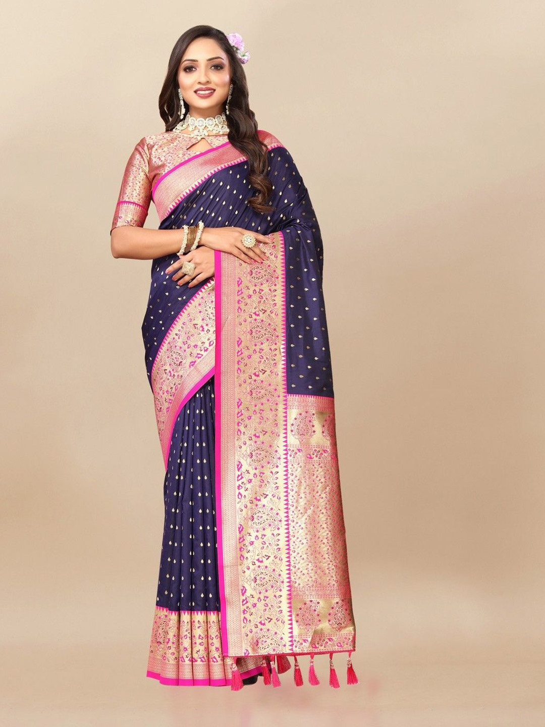 

VARNI FABRICS Women Woven Design Zari Pure Silk Banarasi Saree, Navy blue