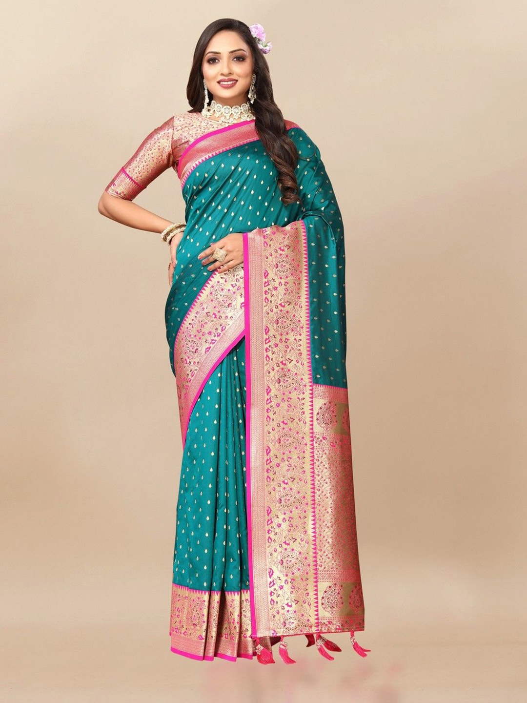 

VARNI FABRICS Woven Design Zari Pure Silk Banarasi Saree, Sea green