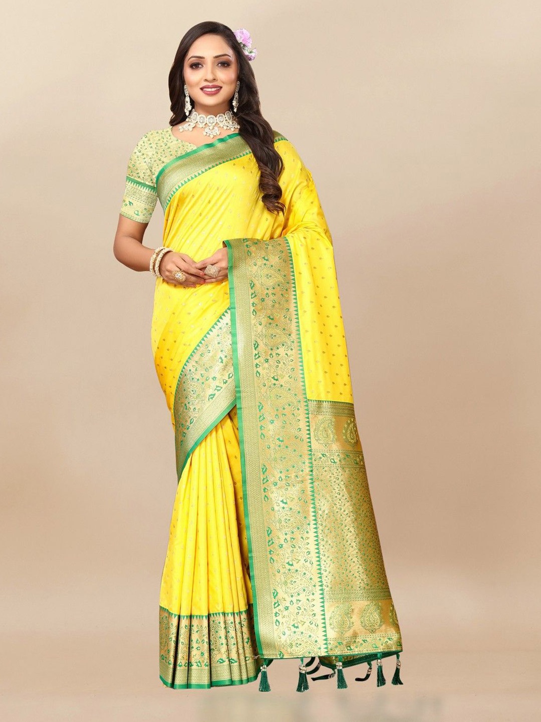 

VARNI FABRICS Woven Design Zari Pure Silk Banarasi Saree, Yellow