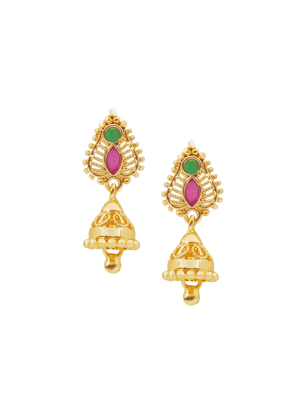 

PINAAKA DARINI Gold-Plated 1 Gram Dome Shaped Meenakari Temple Jhumkas