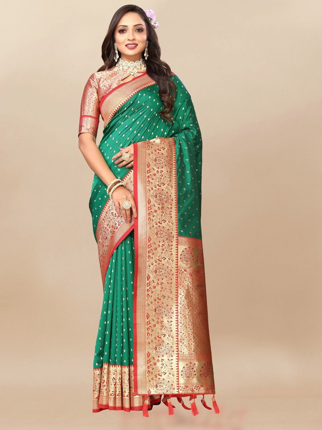 

VARNI FABRICS Woven Design Zari Pure Silk Saree, Green