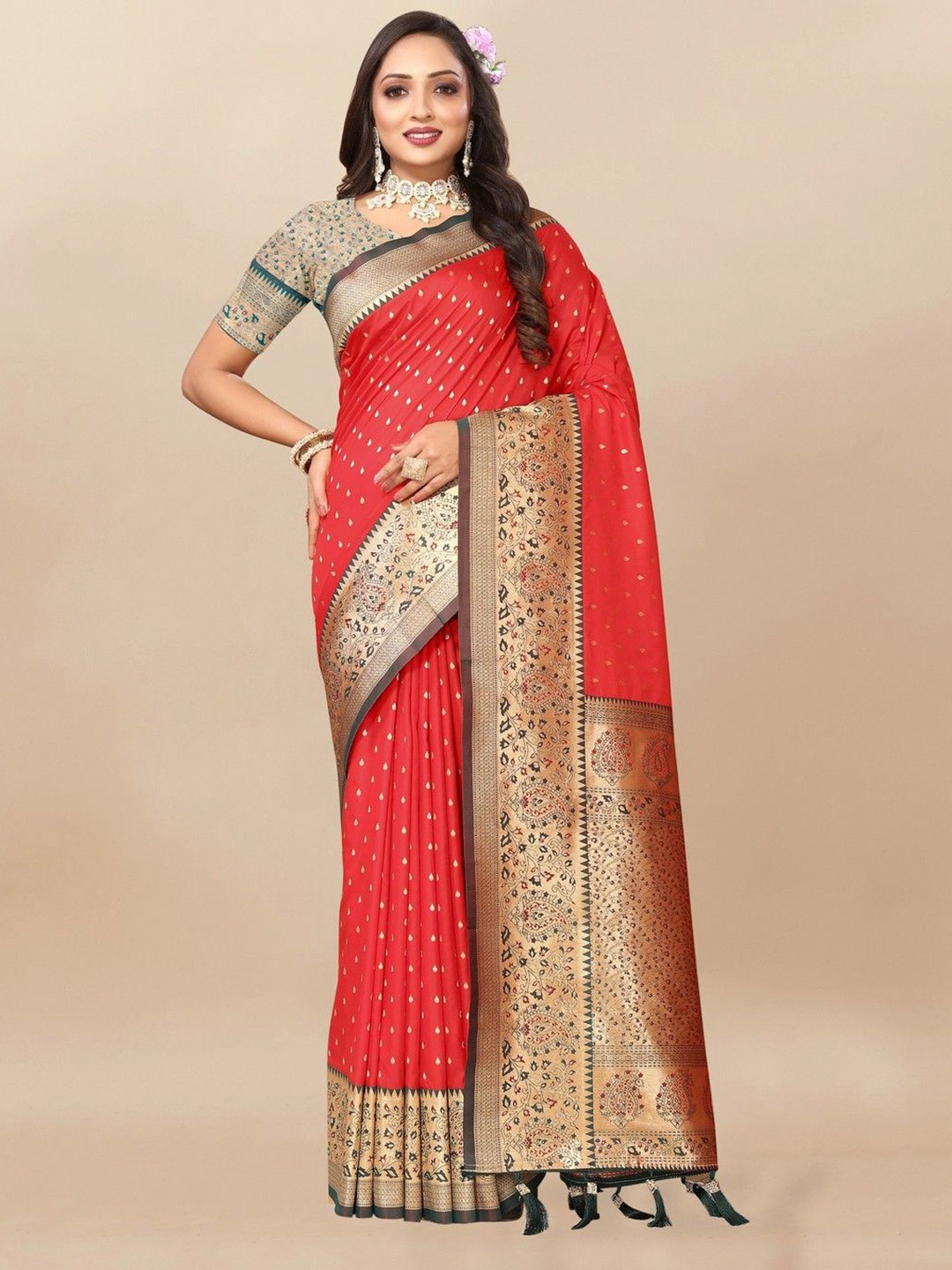 

VARNI FABRICS Woven Design Zari Pure Silk Saree, Red