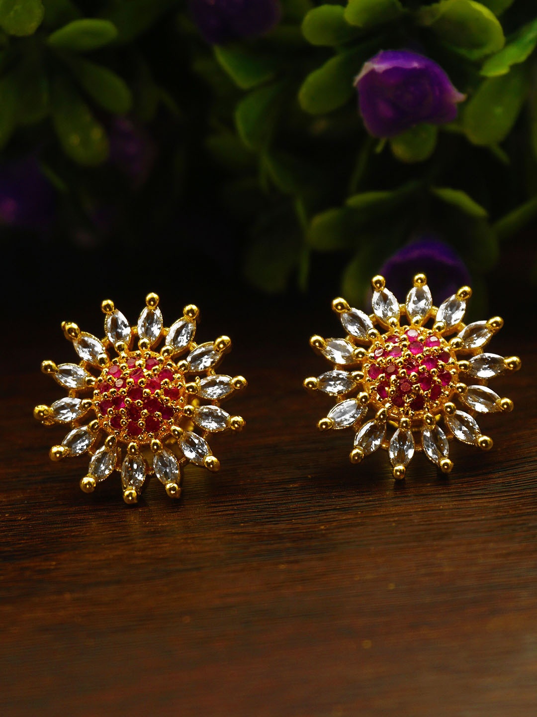 

PINAAKA DARINI Gold-Plated One Gram Floral Stone Studded Studs