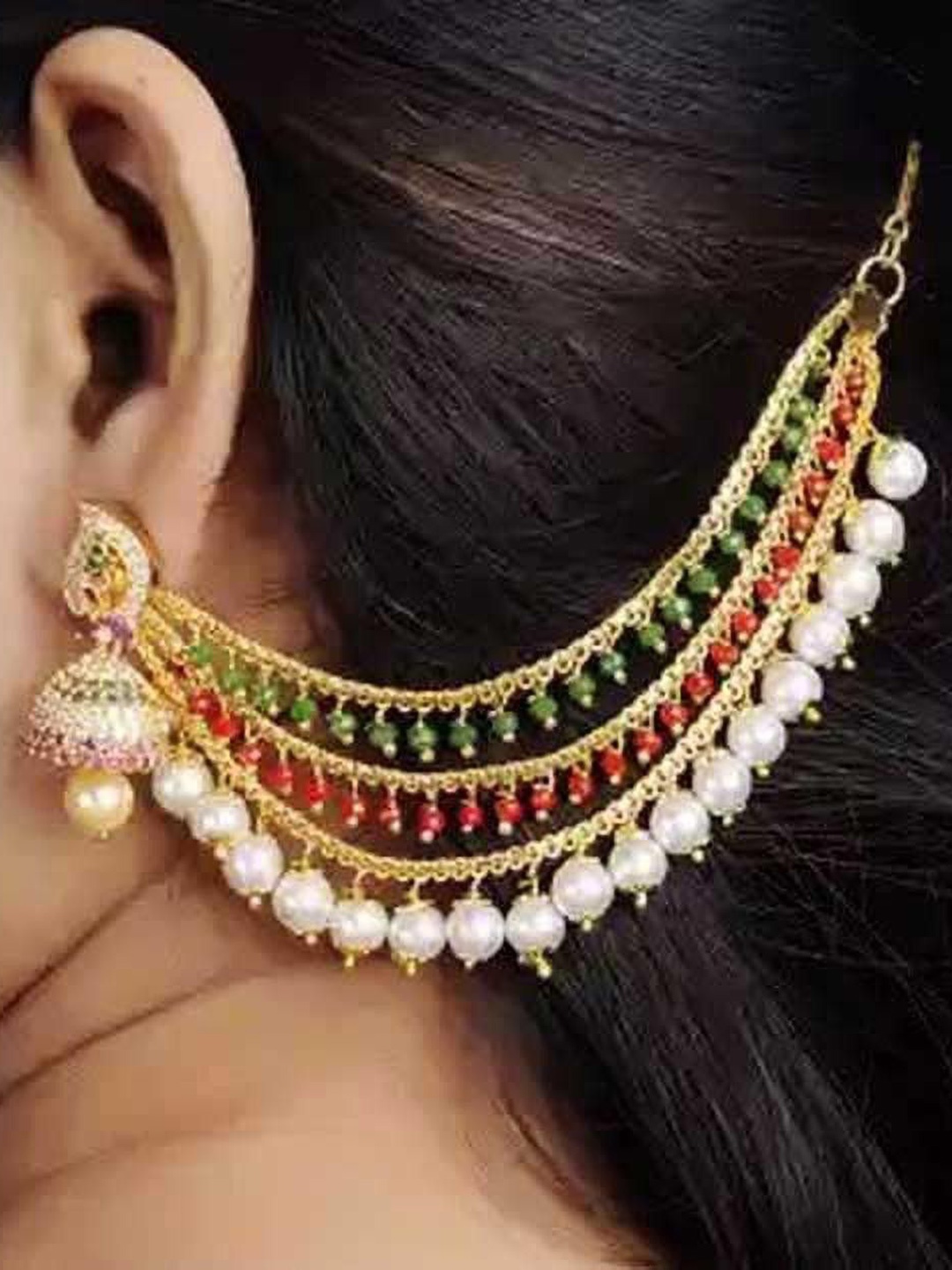 

PINAAKA DARINI Set Of 2 1Gram Gold Circular Pearl Beaded Hair Chains Earrings, White