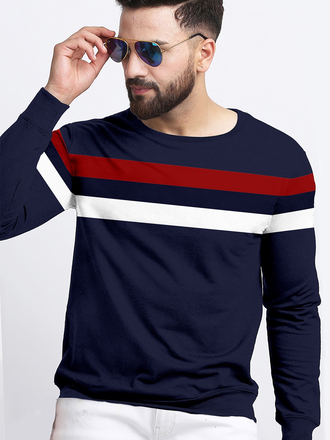 

AUSK Men Striped Round Neck Cotton T-shirt, Navy blue