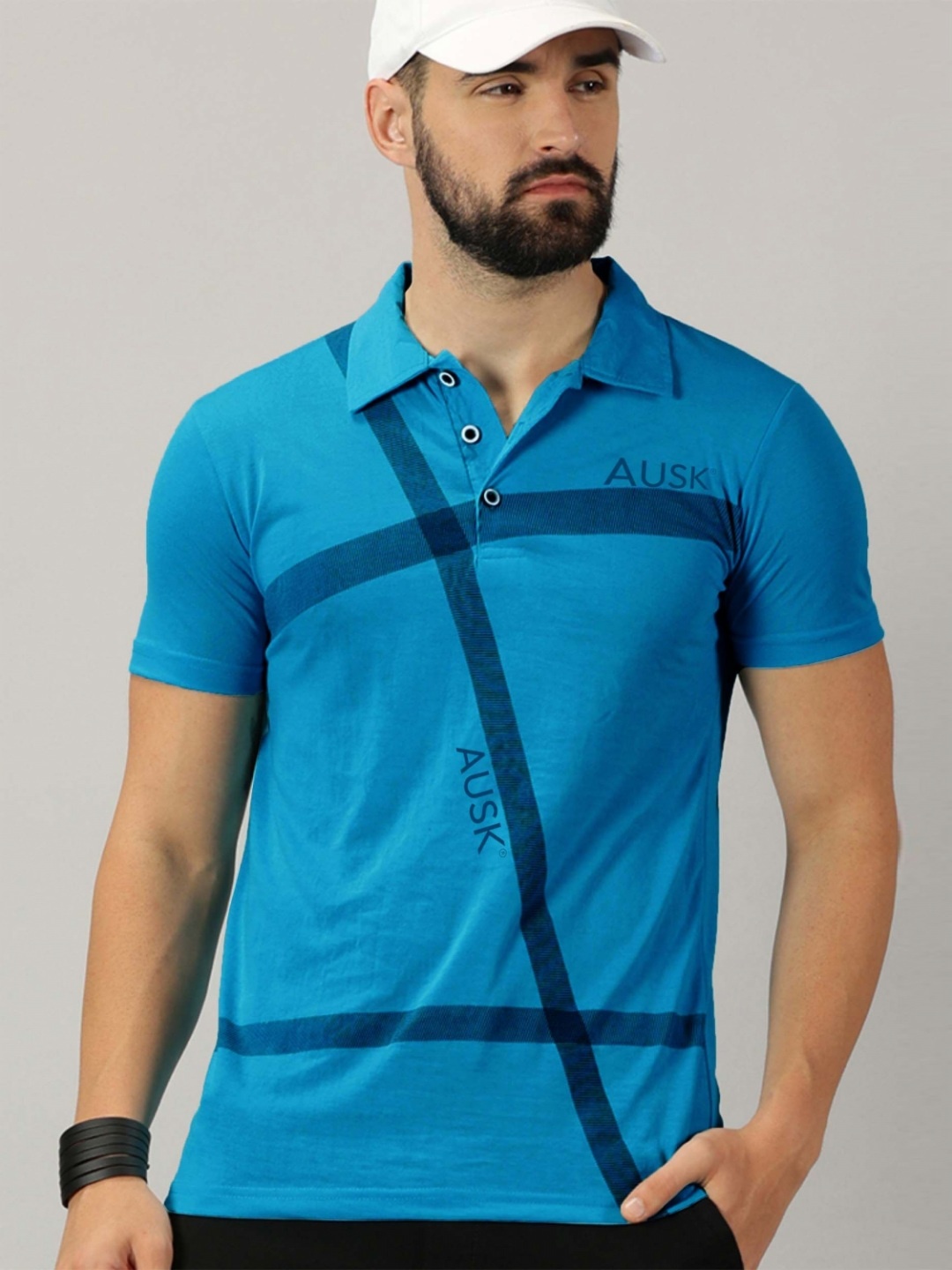 

AUSK Men Striped Polo Collar Cotton T-shirt, Blue