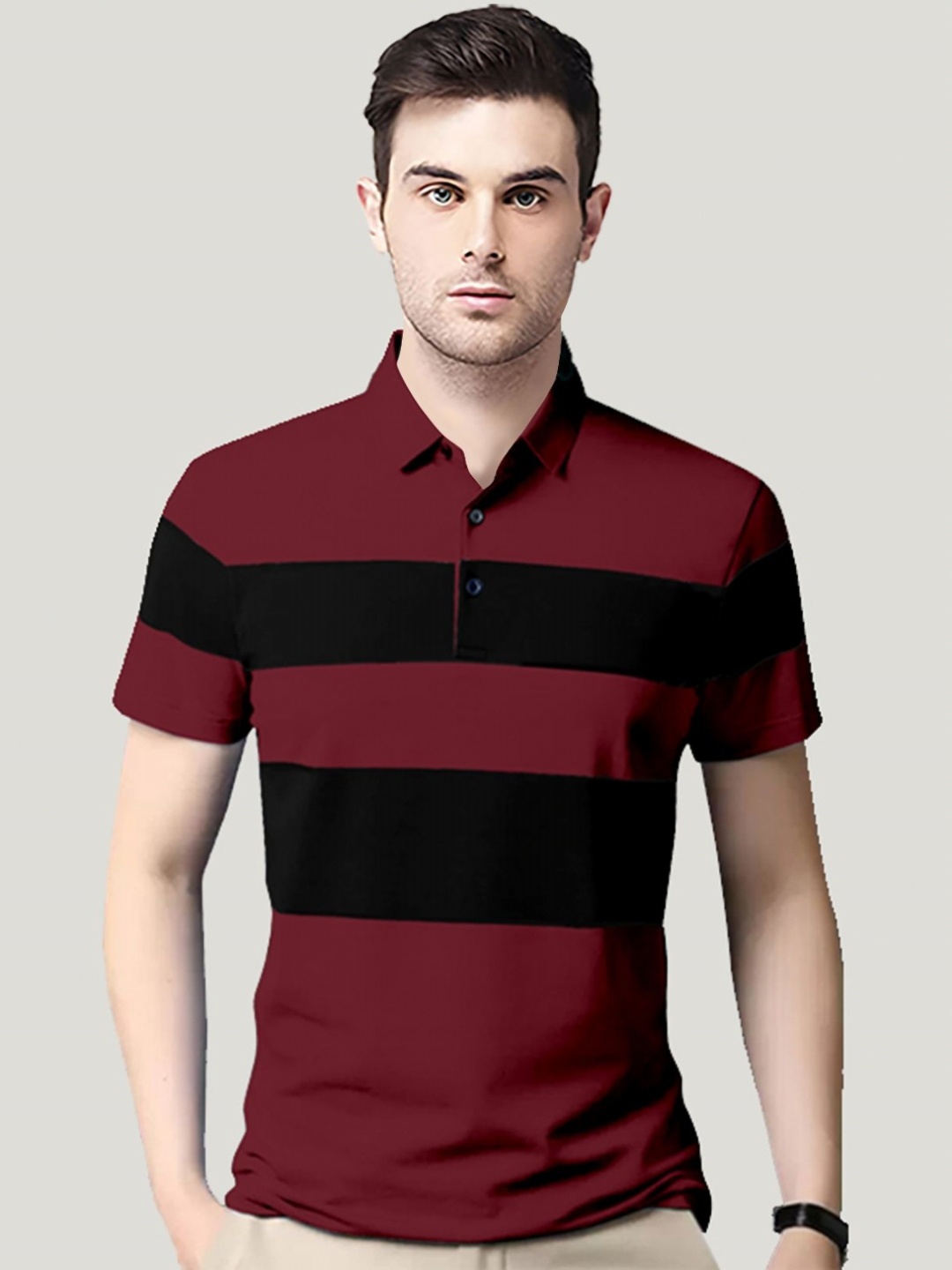 

AUSK Men Striped Polo Collar Cotton T-shirt, Maroon