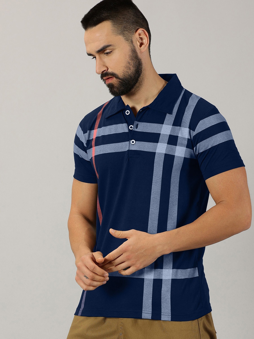 AUSK Men Striped Polo Collar Cotton T-shirt, Navy blue