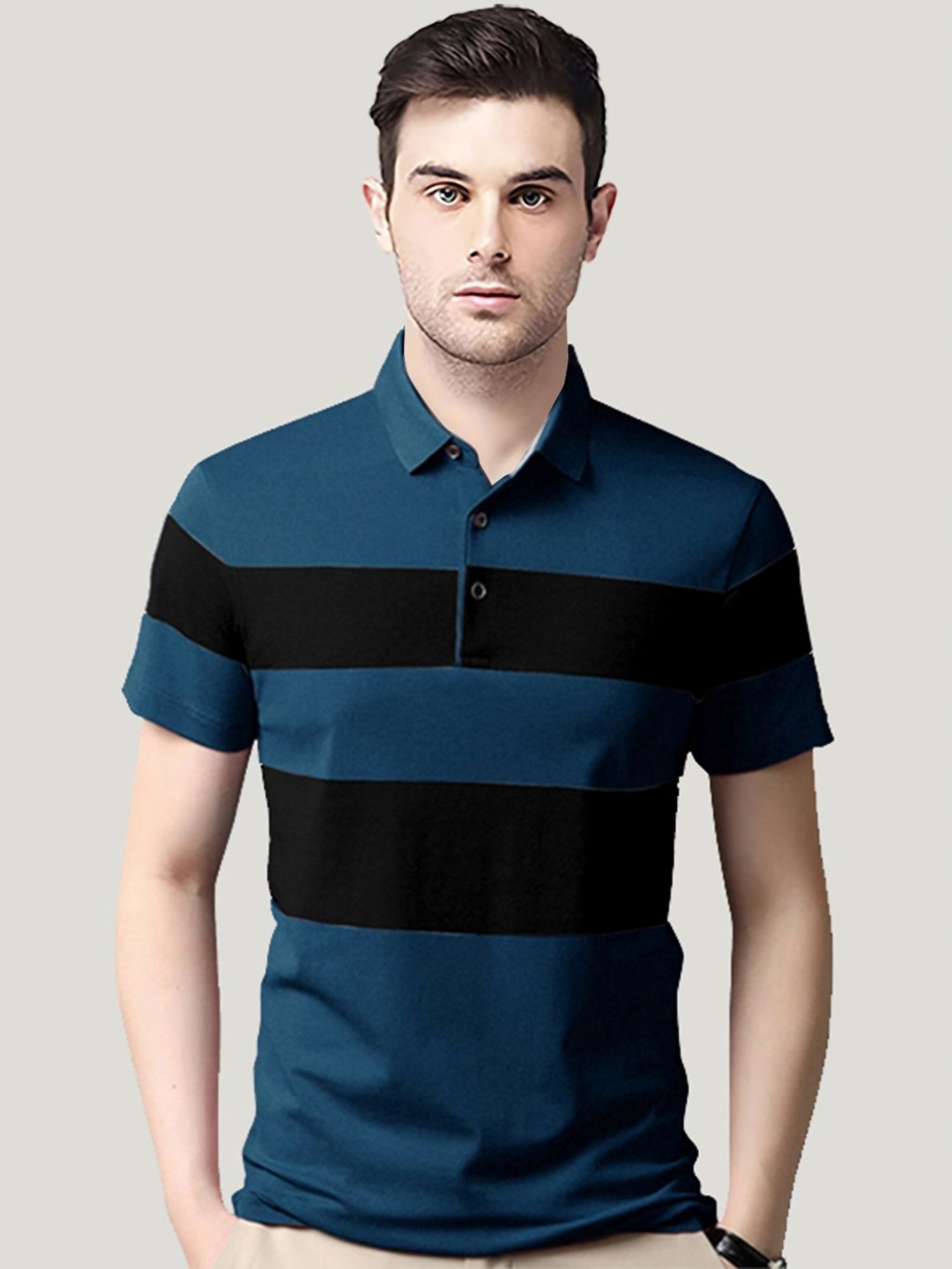 

AUSK Men Striped Polo Collar Cotton T-shirt, Teal