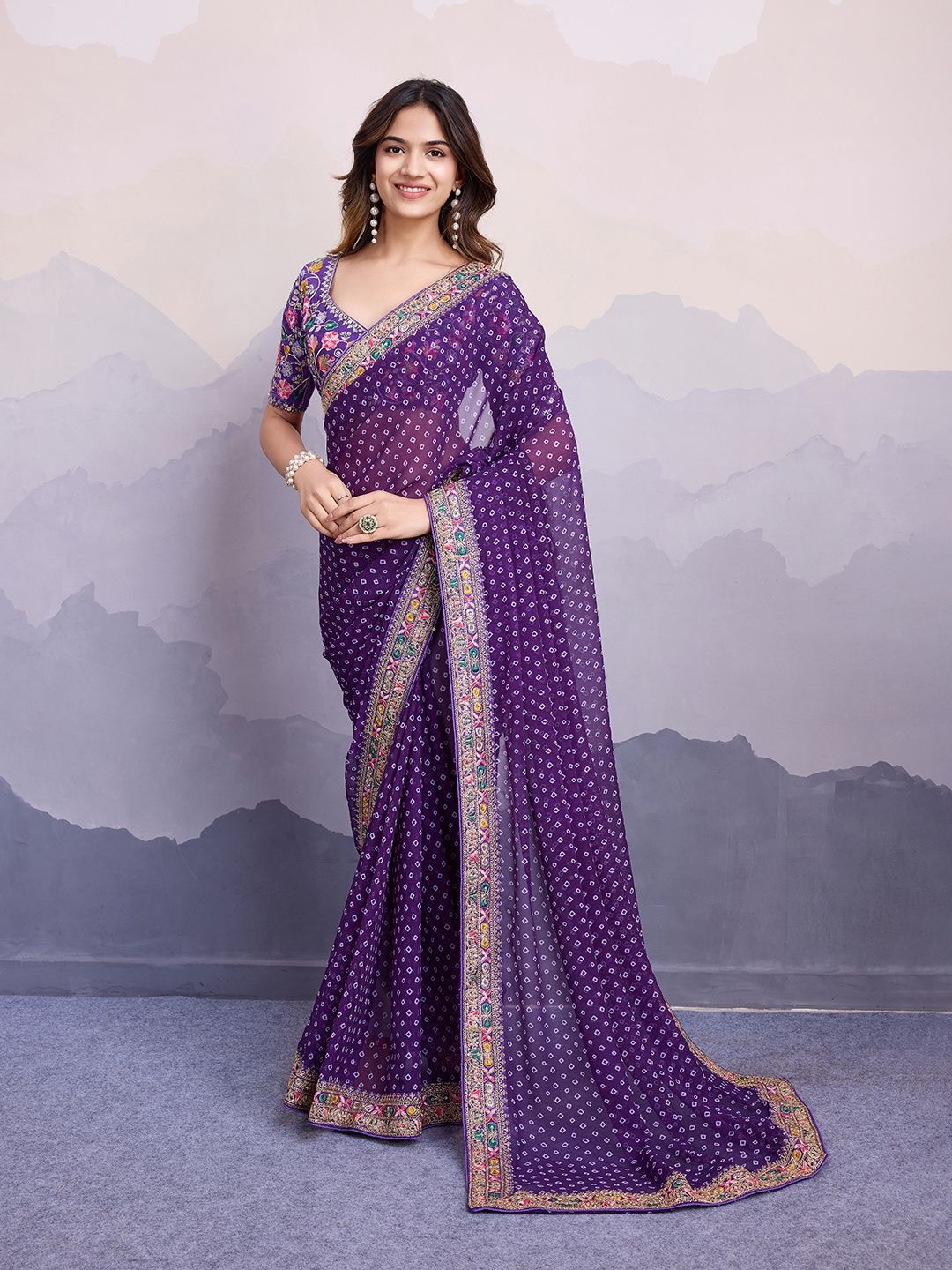 

HERE&NOW Embroidered Bandhani Printed Saree, Purple