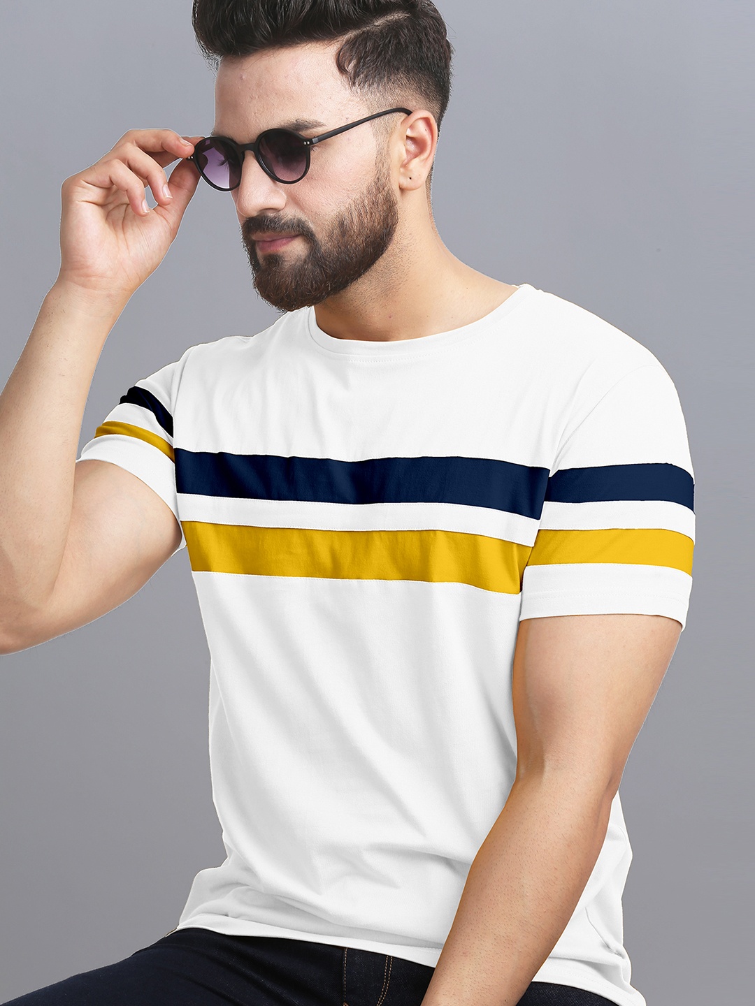 

AUSK Men Striped Round Neck Cotton T-shirt, White