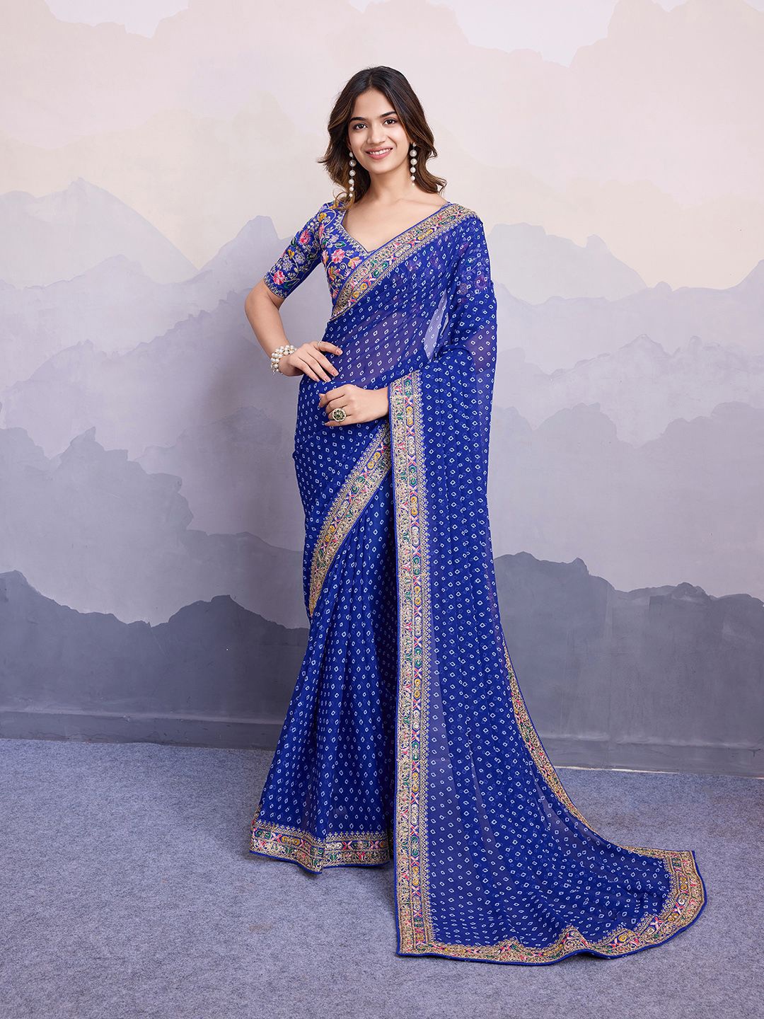 

HERE&NOW Bandhani Printed Embroidered Saree, Blue