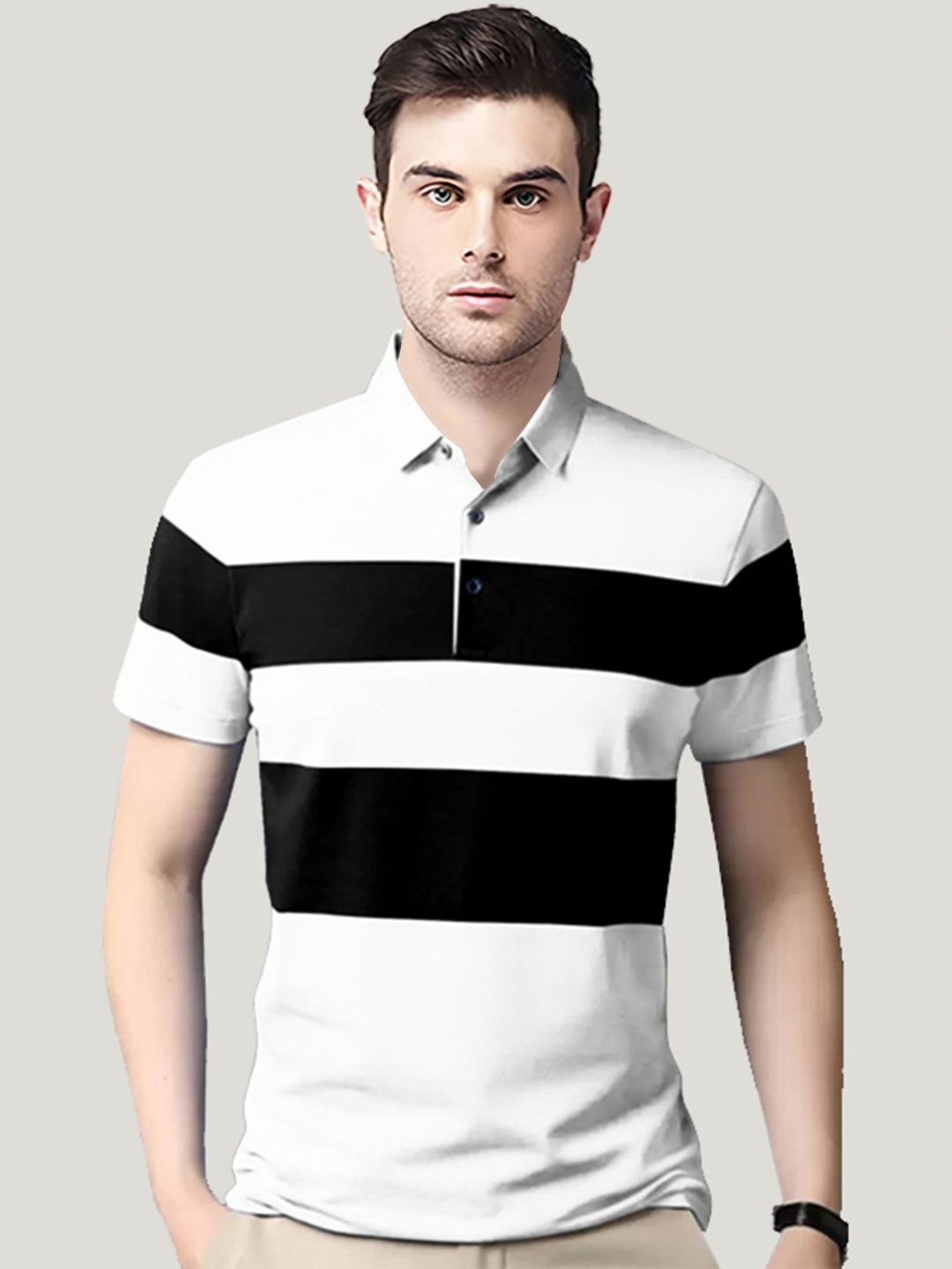 

AUSK Men Striped Polo Collar Cotton T-shirt, White
