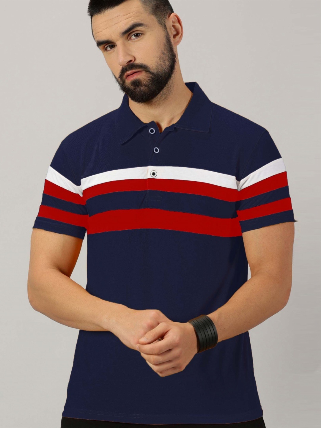 AUSK Men Striped Polo Collar Cotton T-shirt, Navy blue