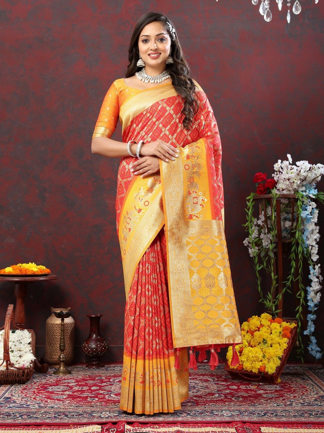 

VARNI FABRICS Woven Design Zari Pure Silk Patola Saree, Orange