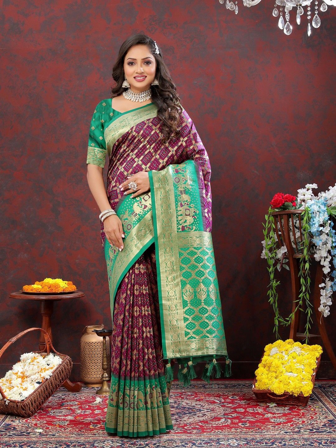 

VARNI FABRICS Woven Design Zari Pure Silk Patola Saree, Purple