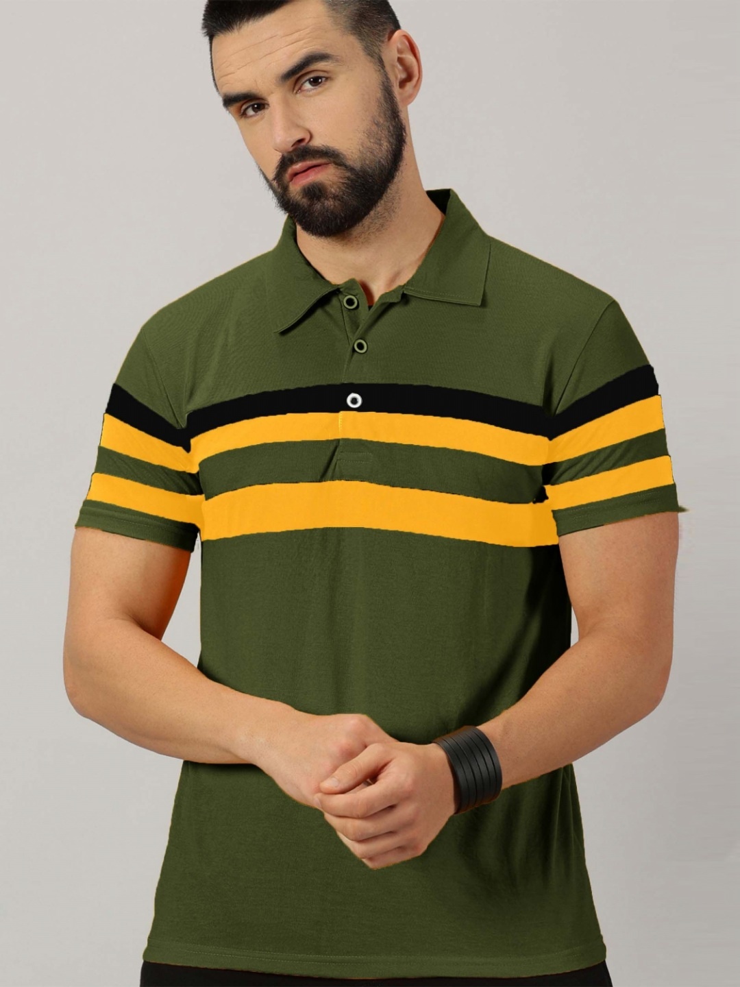 

AUSK Men Striped Polo Collar Cotton T-shirt, Olive