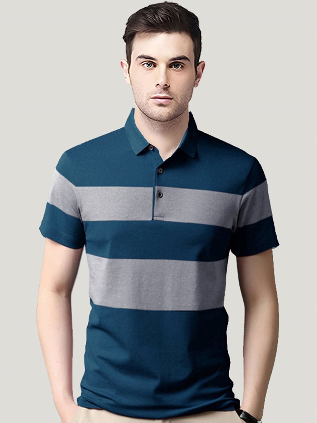 

AUSK Men Striped Polo Collar Cotton T-shirt, Teal