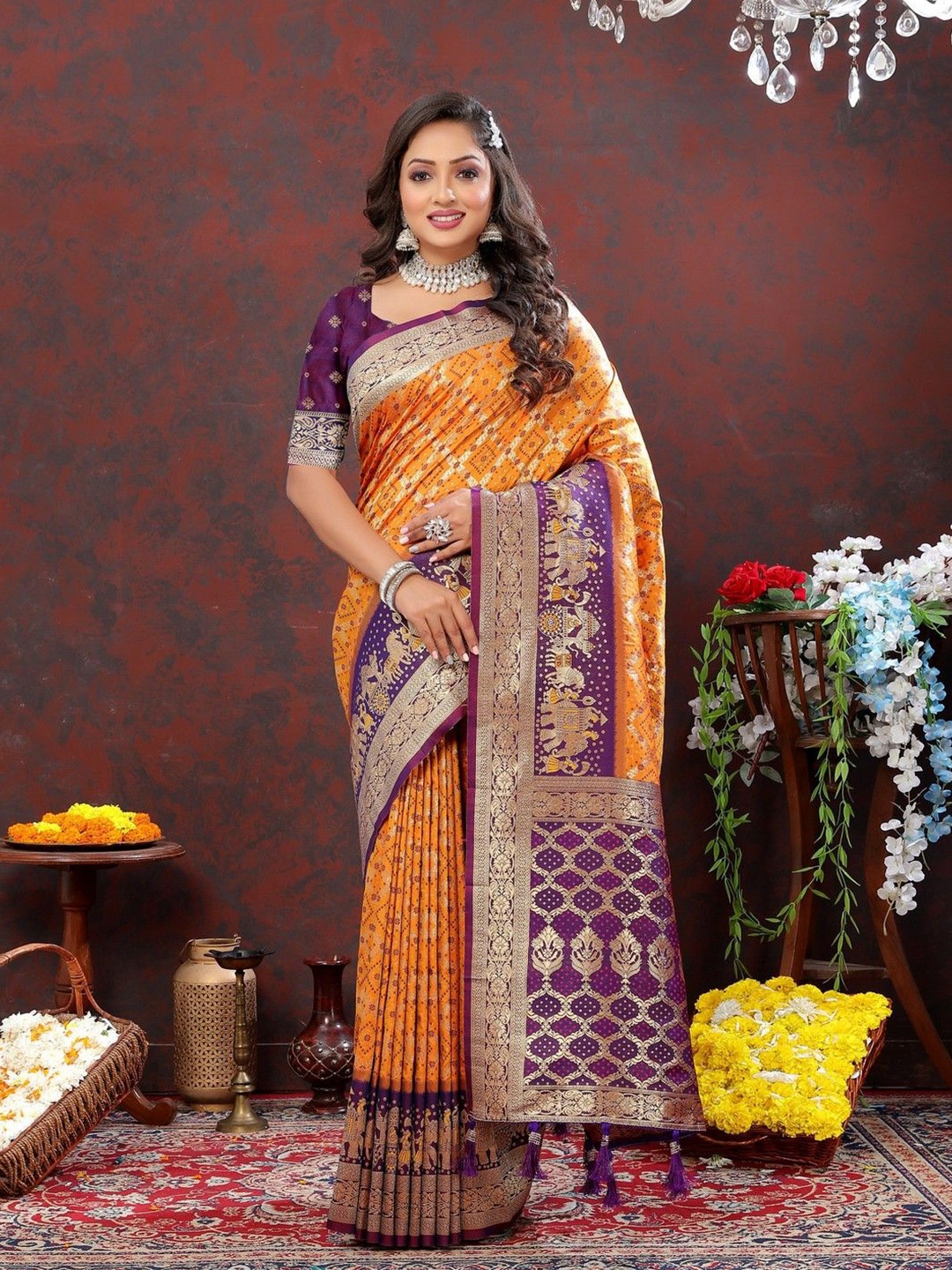 

VARNI FABRICS Woven Design Zari Pure Silk Patola Saree, Orange