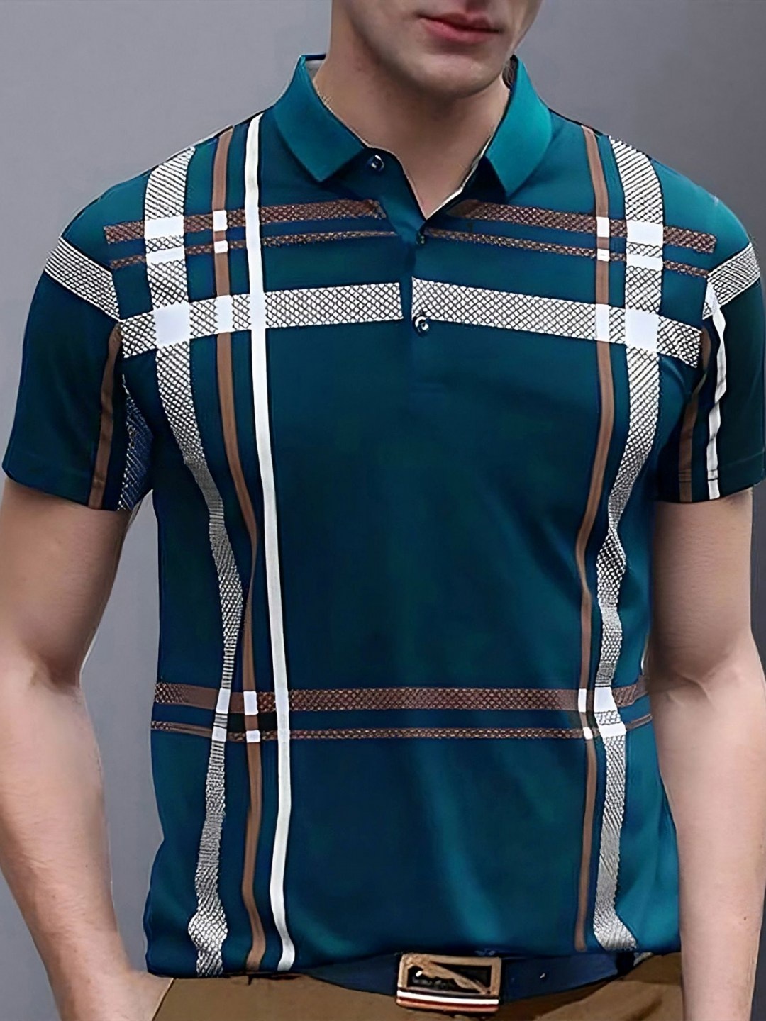 

AUSK Men Checked Polo Collar Cotton T-shirt, Teal