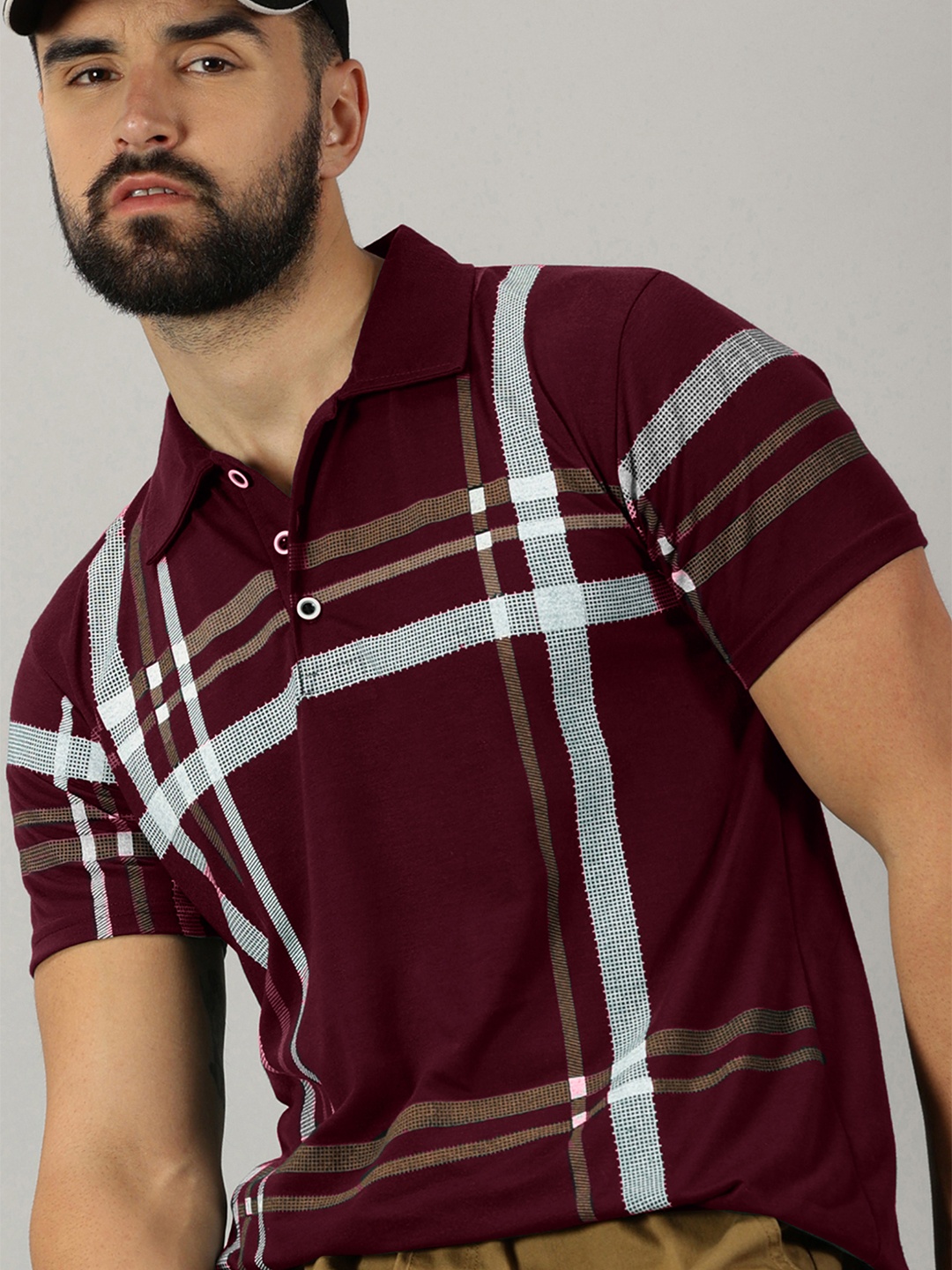

AUSK Men Checked Polo Collar Cotton T-shirt, Burgundy