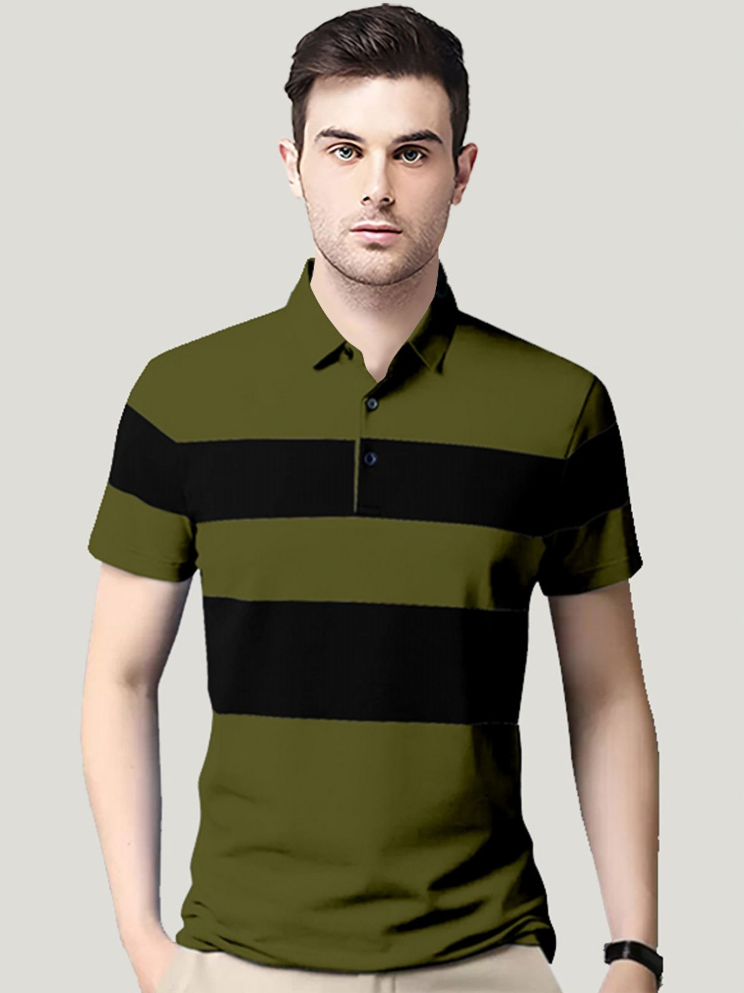 

AUSK Men Striped Polo Collar Cotton T-shirt, Olive