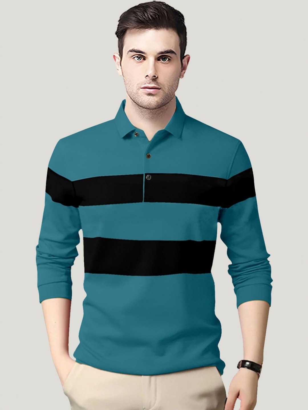 

AUSK Men Striped Polo Collar Cotton T-shirt, Teal