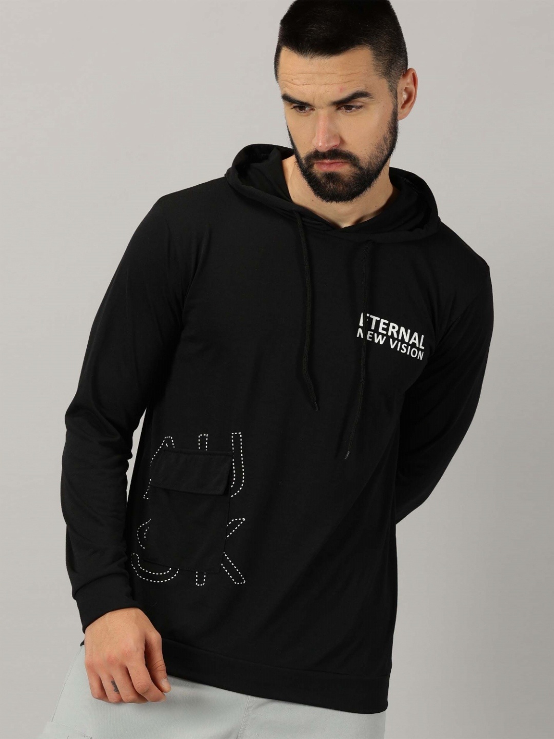 

AUSK Men Typography Printed Hooded Long Sleeves Casual T-shirt, Black