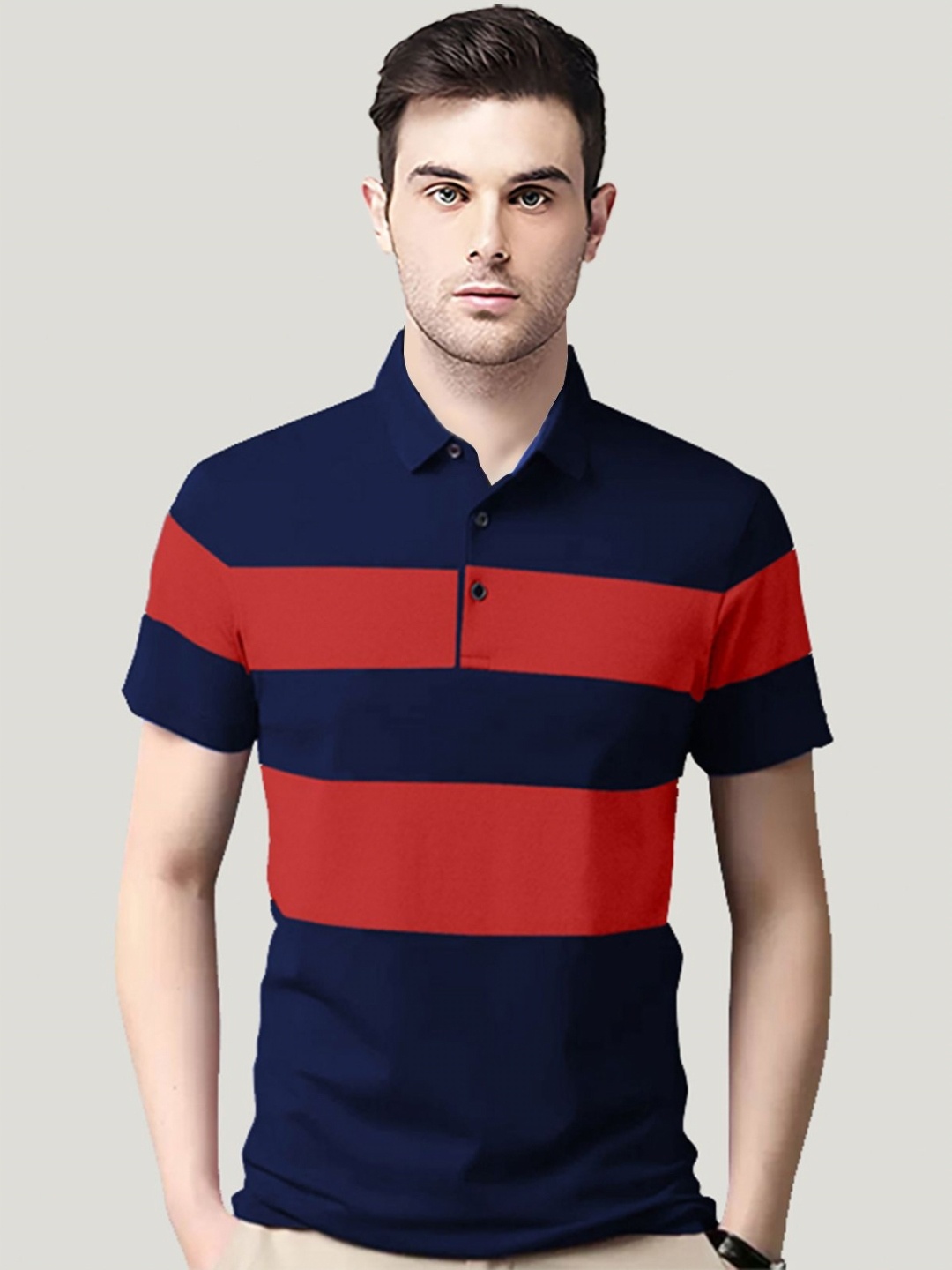 

AUSK Men Striped Polo Collar Cotton T-shirt, Navy blue