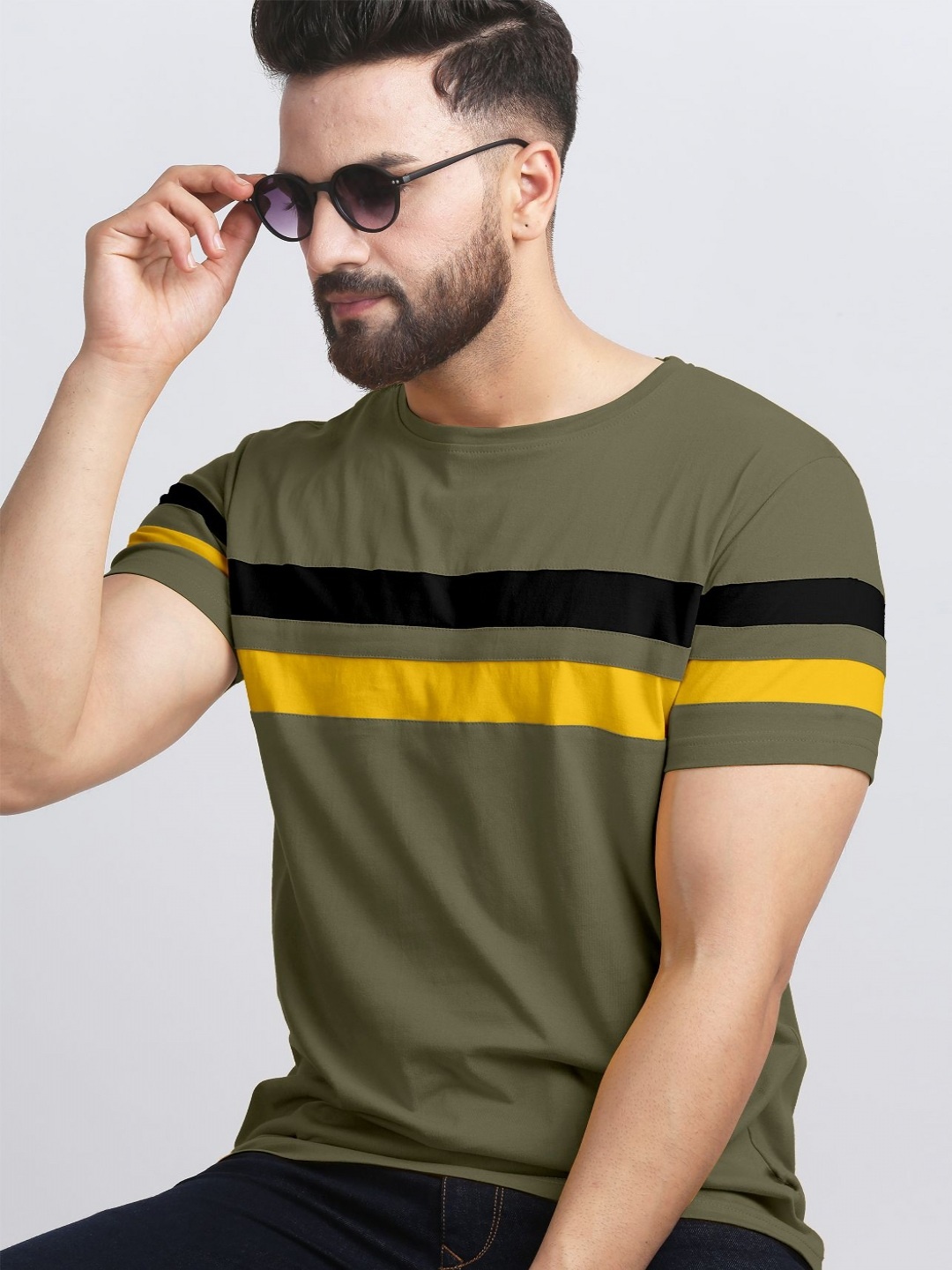 

AUSK Men Striped Round Neck Cotton T-shirt, Olive
