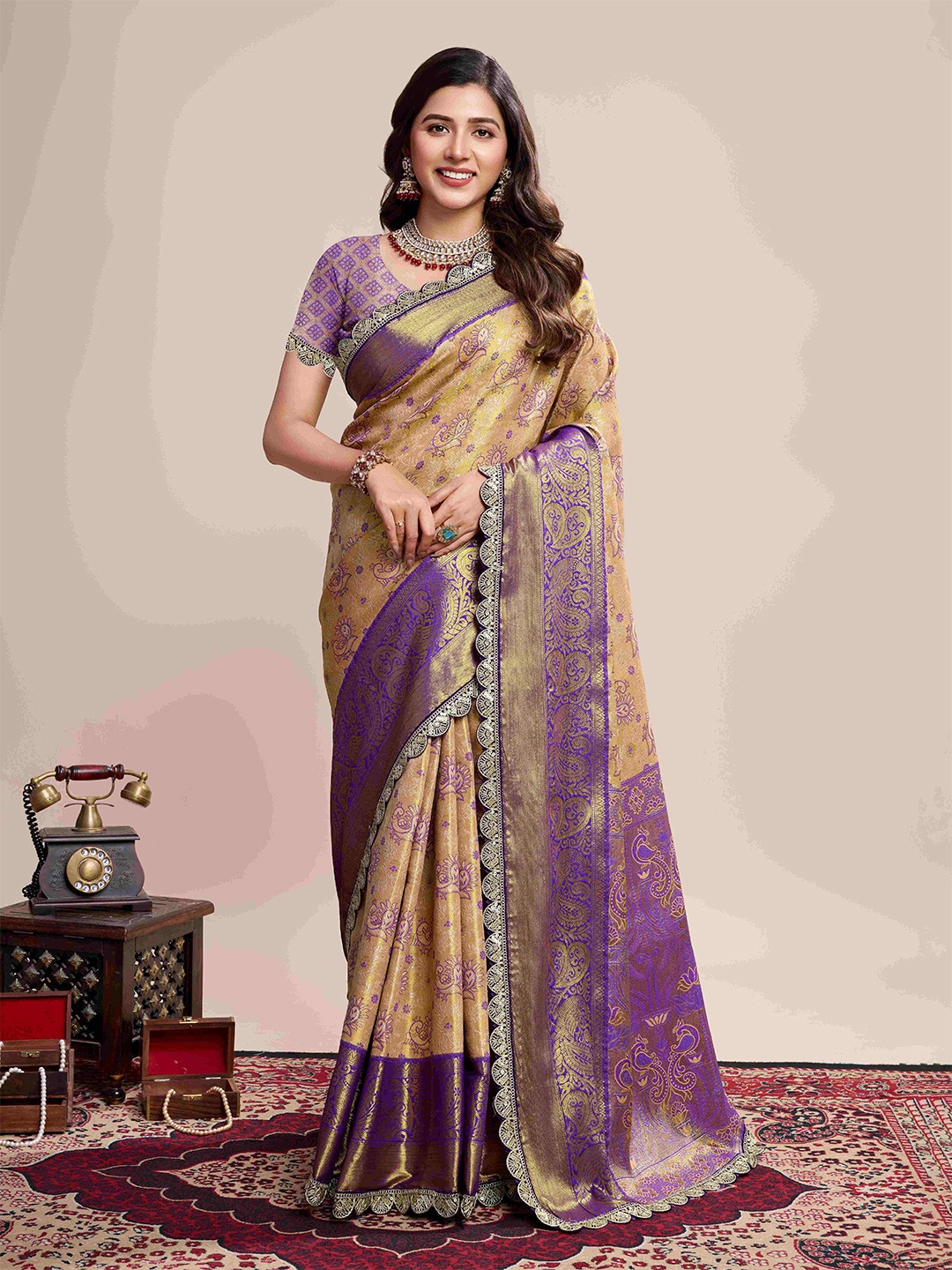 

HEER FASHION Woven Design Zari Kanjeevaram Saree, Beige