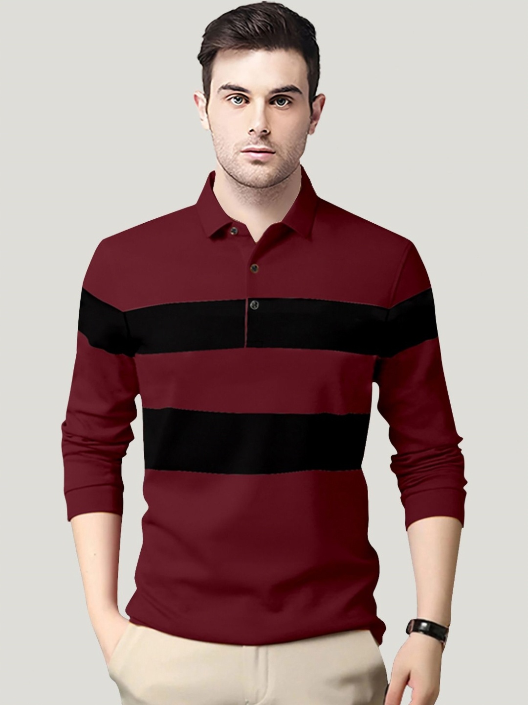 

AUSK Men Striped Polo Collar Cotton T-shirt, Maroon