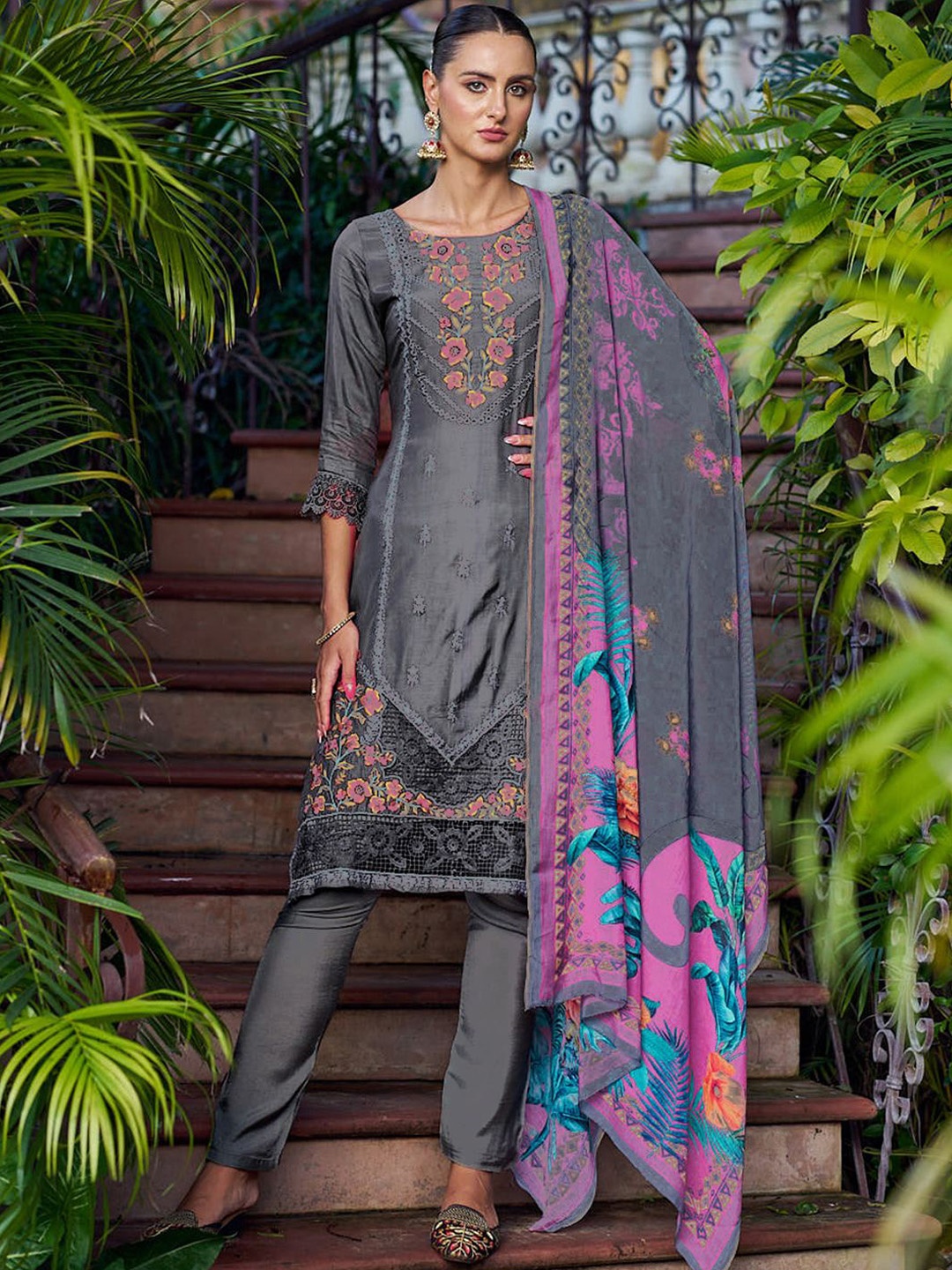 

Stylee LIFESTYLE Floral Embroidered Pure Silk Unstitched Dress Material, Grey